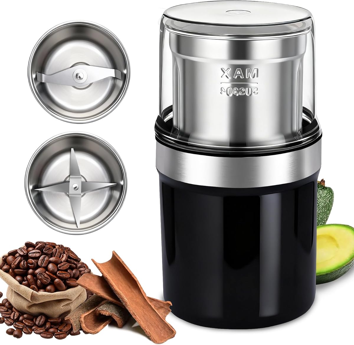Electric Coffee Grinder, Spice Grinder with Removable Dry and Wet Grinder Cups, 3.5oz /100g Capacity, Stainless Steel Blade for Beans, Garlic & Spices, Dishwasher Safe