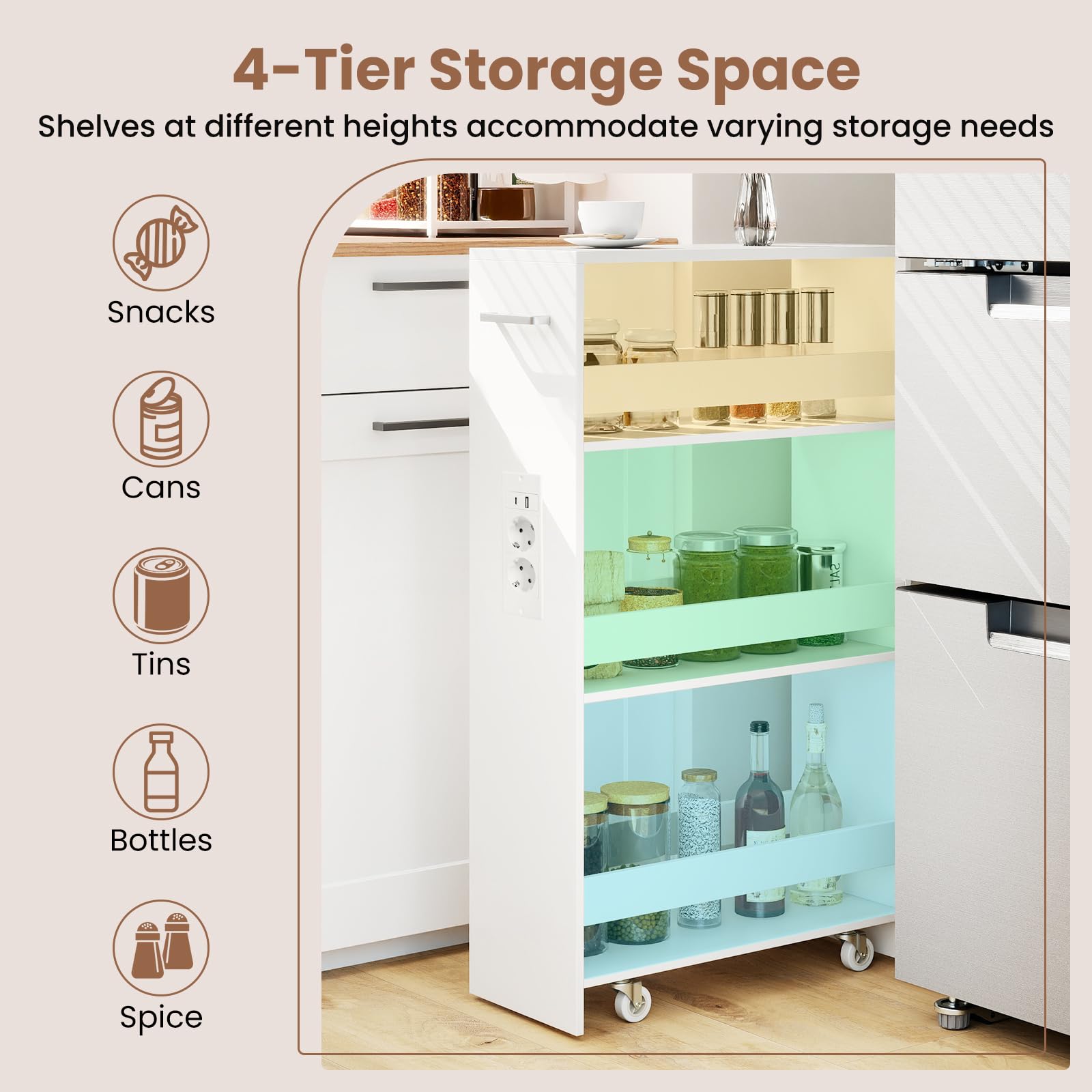 Giantex Carrito Auxiliar 4 Niveles, Carro de Almacenamiento Estrecho con 4 Estantes, Ruedas y Asa, Carro de Servicio Compacto para Cocina, Baño, Salón (Blanco, con Enchufes, 47,5x20x80,5 cm)