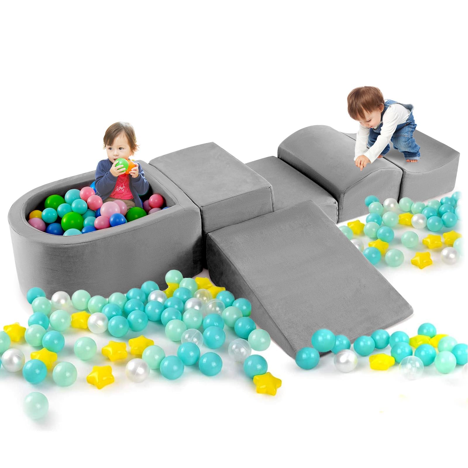 FANTASK 5 TLG. Kinder Softplay-Set, Schaumstoffbausteine mit Bällebad, Riesenbausteine zum Toben und Klettern, Schaumstoff Bausteine für Spielzimmer, Kinderzimmer (Grau)