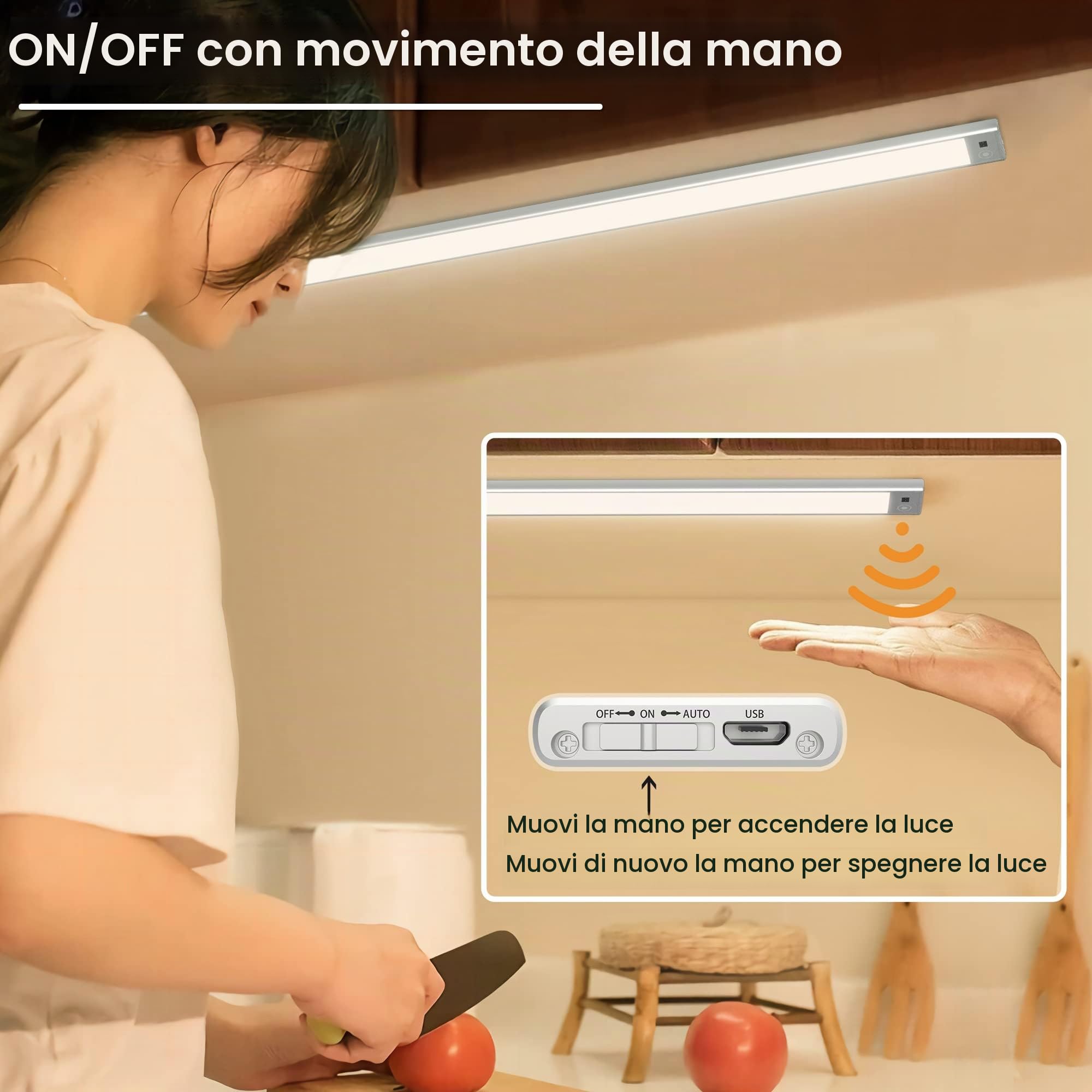 60cm Luce LED Sottopensile con Sensore Movimento a Mano,Barra Luminosa Ricaricabile USB 4500mAh 3Colori Dimmerabile,LED Magnetica Funzione Memoria Senza Fili per Cucina,Armadio,Bagno