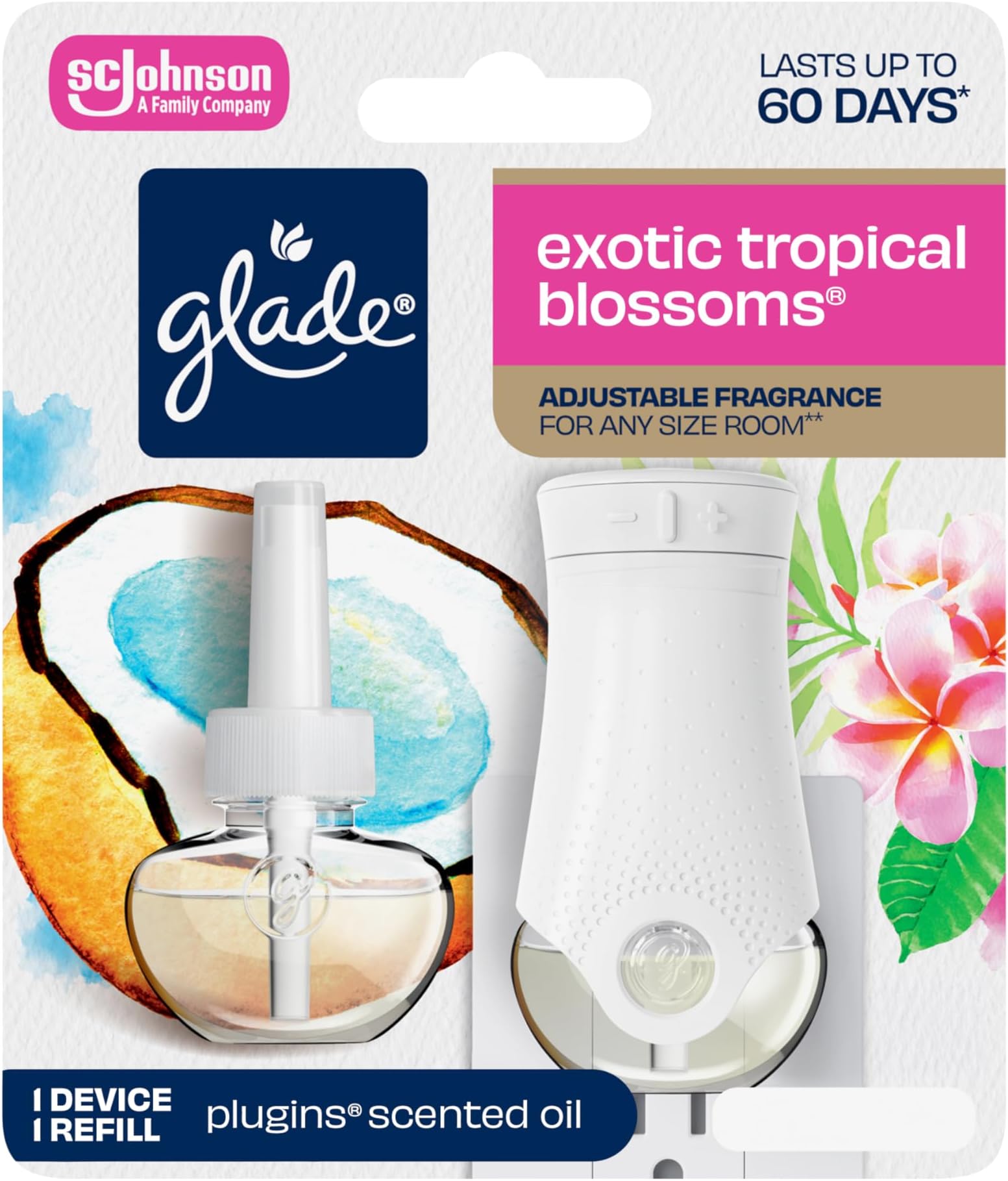 Glade PlugIns Refills Air Freshener Starter Kit, Scented and Essential Oils for Home and Bathroom, Exotic Tropical Blossoms, 0.67 Fl Oz, 1 Warmer + 1 Refill