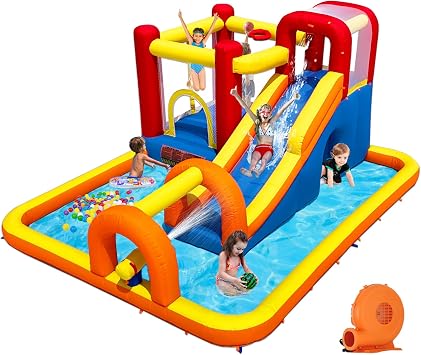 Baralir Inflatable Bounce House Water Park with Long Water Slide & amp؛ يناسب حمام السباحة الكبير 5 الأطفال ، متعة لا نهاية لها من القفز ، الانزلاق ، التسلق - مغامرات الكهوف والأنفاق الإضافية ومدفع المياه