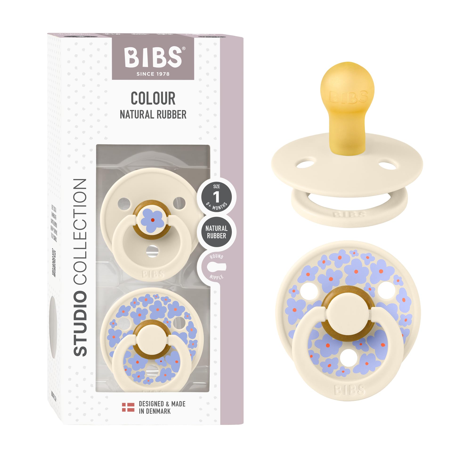 BIBS Colour Studio Soother 2-Pack, BPA Free Dummy Pacifier, Round Nipple. Natural Rubber Latex, Made in Denmark, Size 2 (6-18 Months), Violet Sky/Petal — view 55