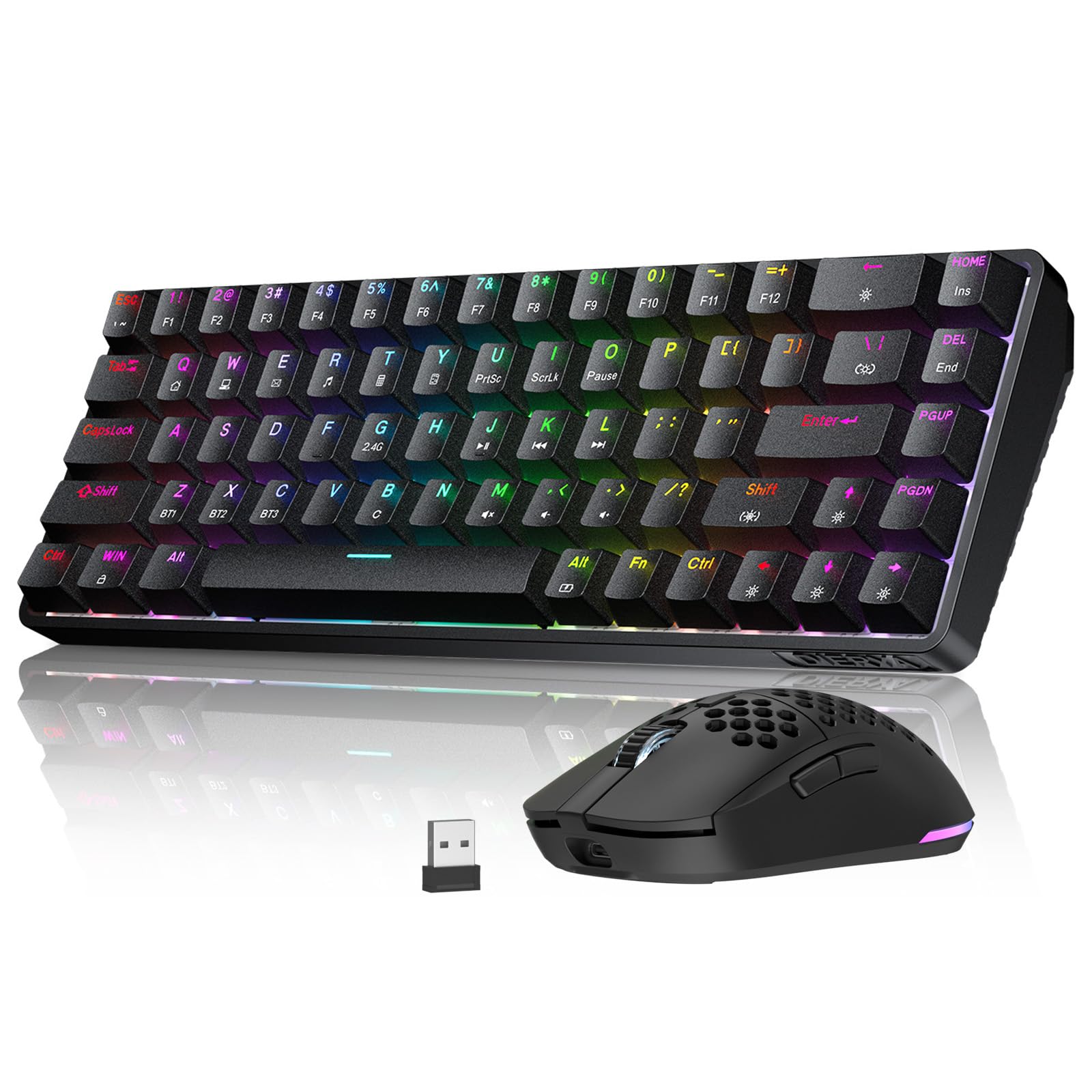 Dierya Ensemble Gaming sans Fil, M1 Souris Gamer 24000 DPI et DK68 Clavier Mécanique 65% Noir, Setup PC Multitâche Minimaliste (Pack de 2)