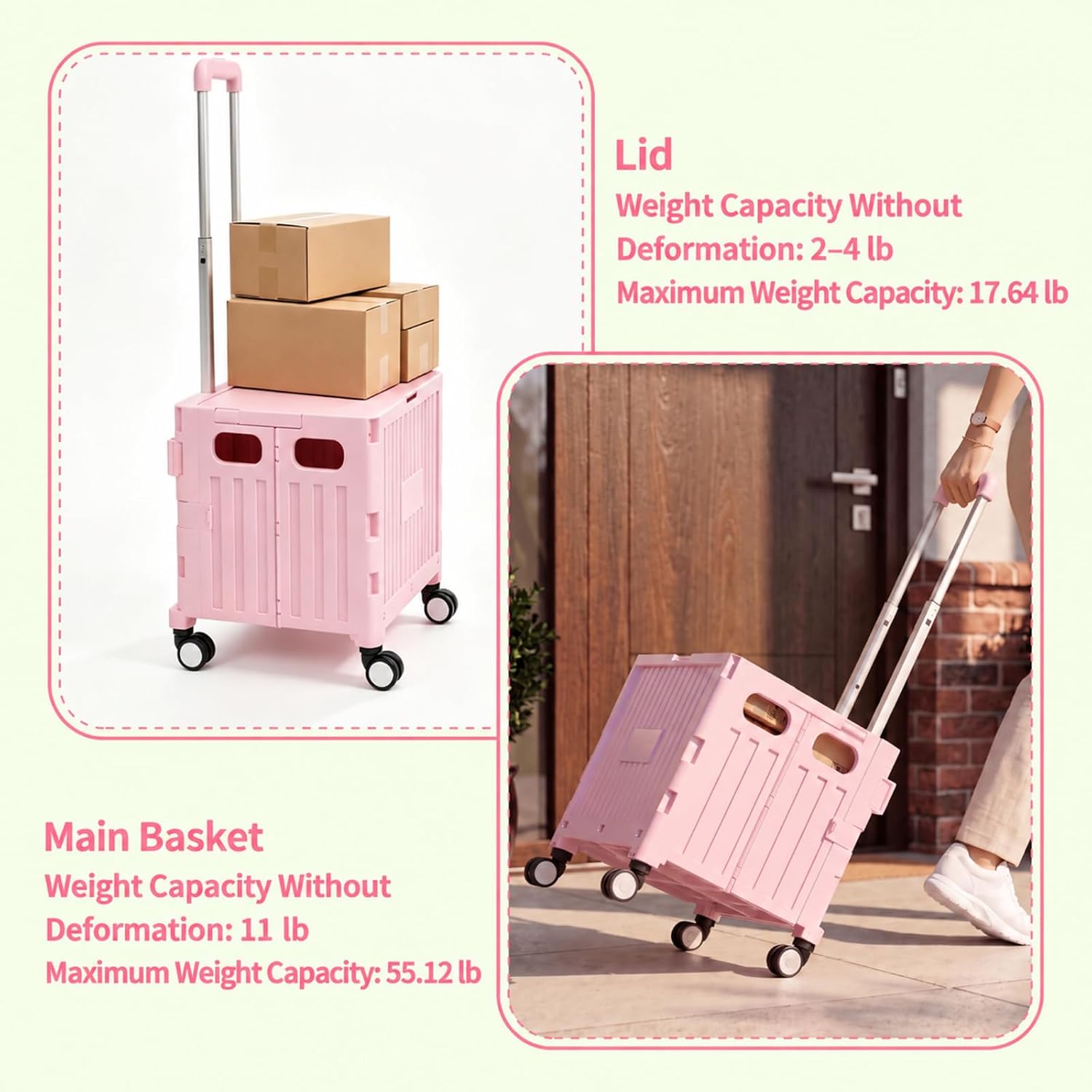 Foldable Shopping Cart with Wheels: Pink Rolling Utility Crate