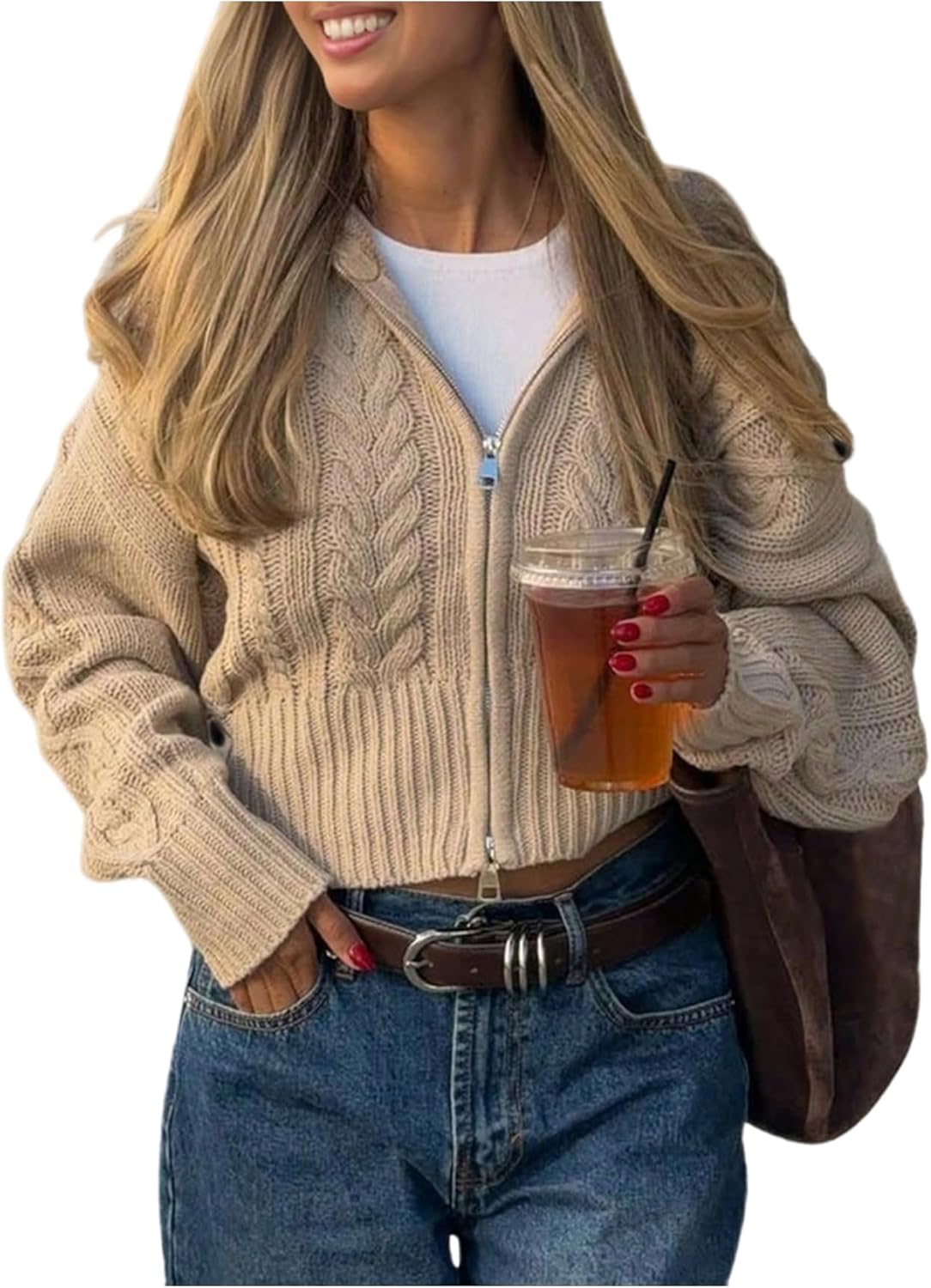 SOLY HUX Women's Zip Up Cropped Cardigan Long Sleeve Collared Cable Knit Fall Sweater Coat
