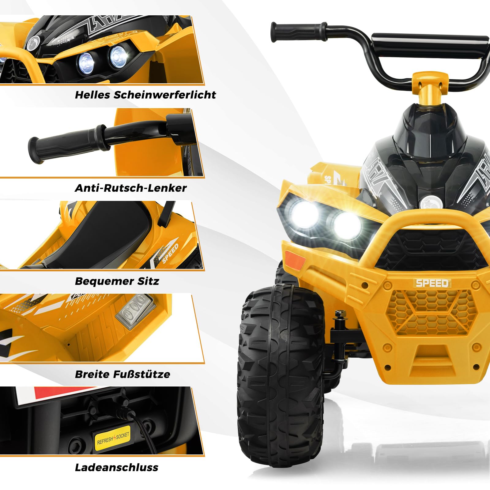 COSTWAY 12V Elektro Kinderquad, Elektroquad mit 2,2/4,3 KM/H Geschwindigkeit, Kindermotorrad mit Hupe, Musik & LED-Leuchten, Elektro Quad für Kinder von 3 bis 8 Jahren (Gelb)