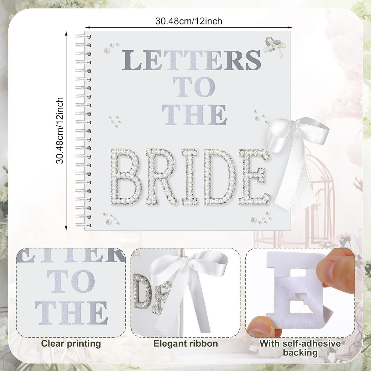 Fuyoooo 12 x 12 Inch Letters to The Bride Scrapbook Wedding Memory Book Bridal DIY Blank Paper Scrapbook Photo Album Guest Book Sign with Pearl Stickers, Metallic Letters, Bows(White)