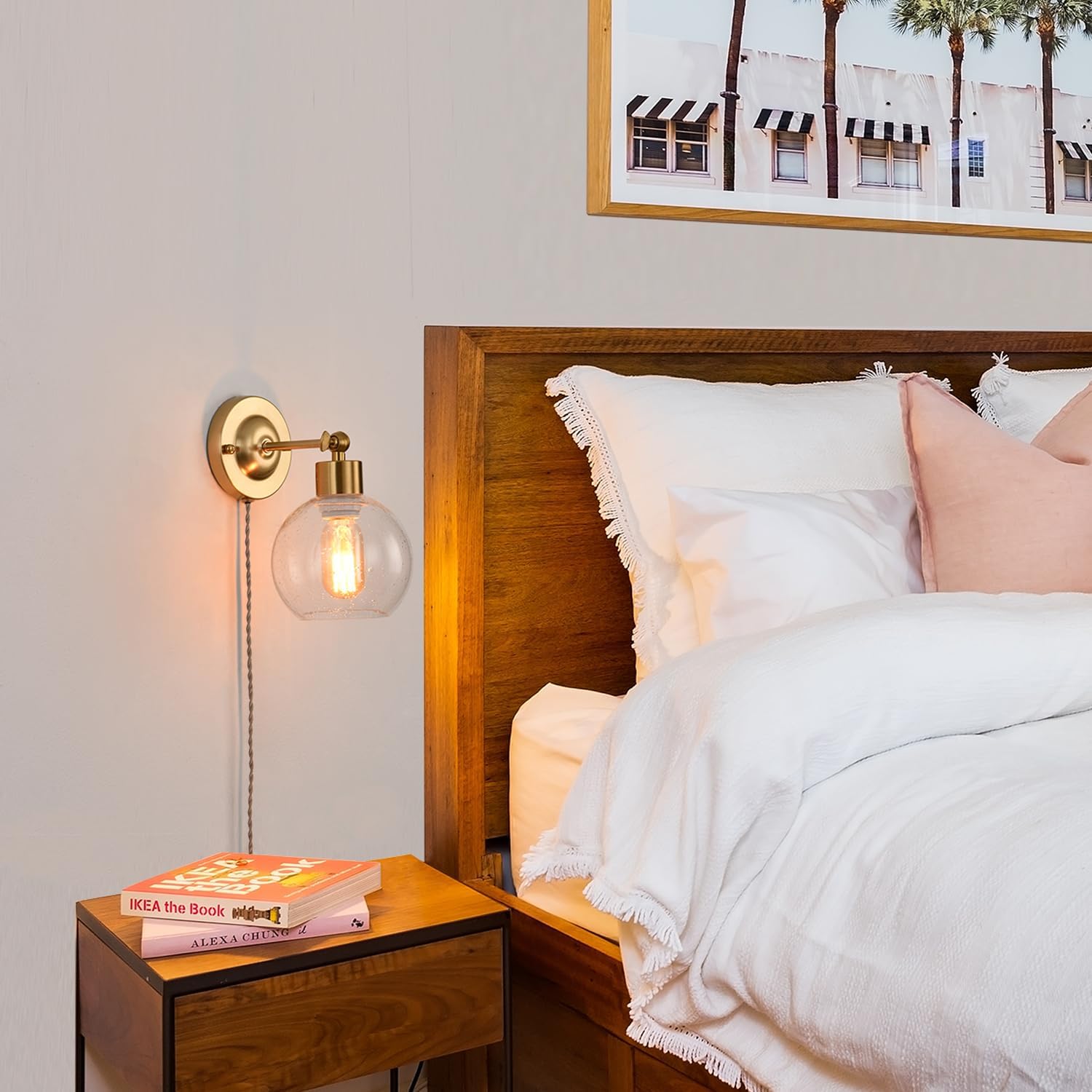 Glass Globe Plug in Wall Sconces Set of 2, Gold Vintage Glass Wall Lights Bedroom, E26 Wall Mounted Plug in Light, 180° Adjustable Wall Sconce Lighting for Living Room Bathroom (2 Pack Gold)