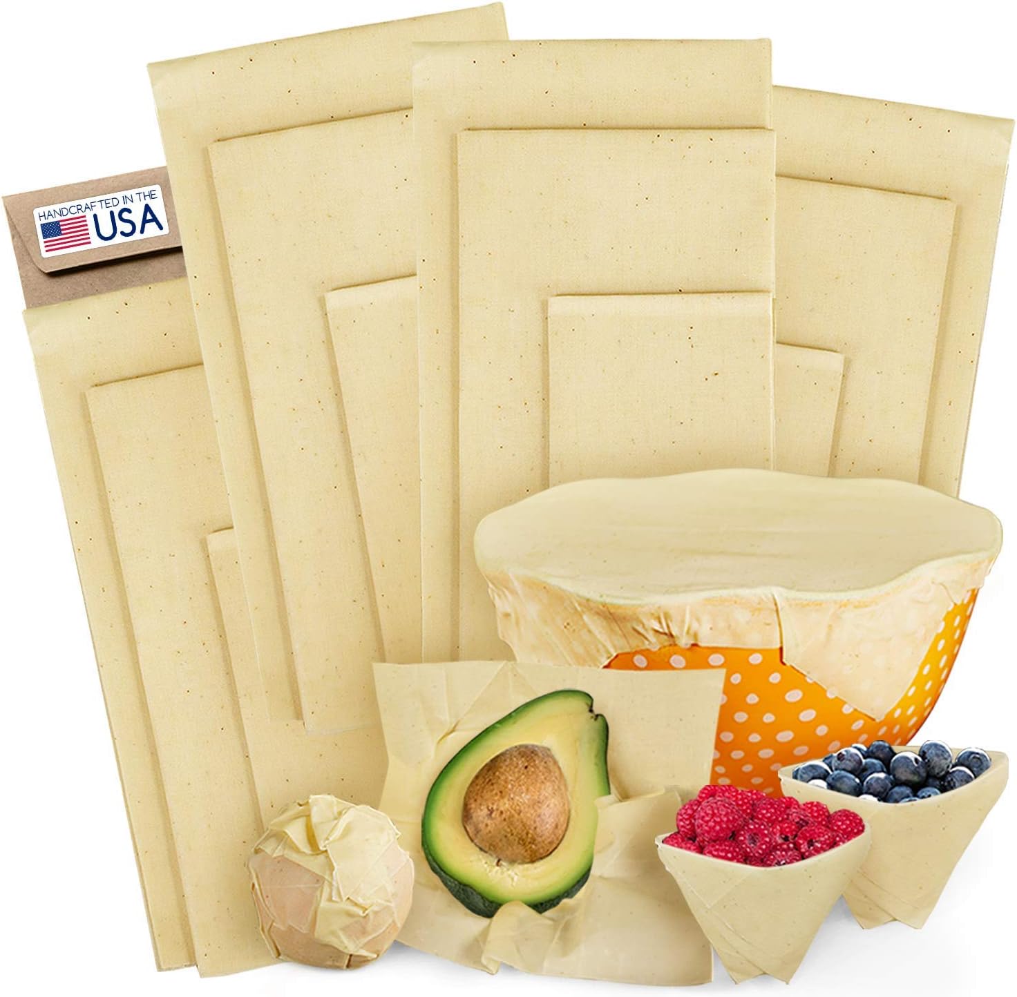 Reusable Beeswax Wrap (12 Pc) Eco Food Covers Super Cling Non-Plastic Dye Free | Odor Free Bees Wax 0 Waste Products | Eco-Wrap Biodegradable | Unbleached Cloth Sandwich & Cheese Wrapping