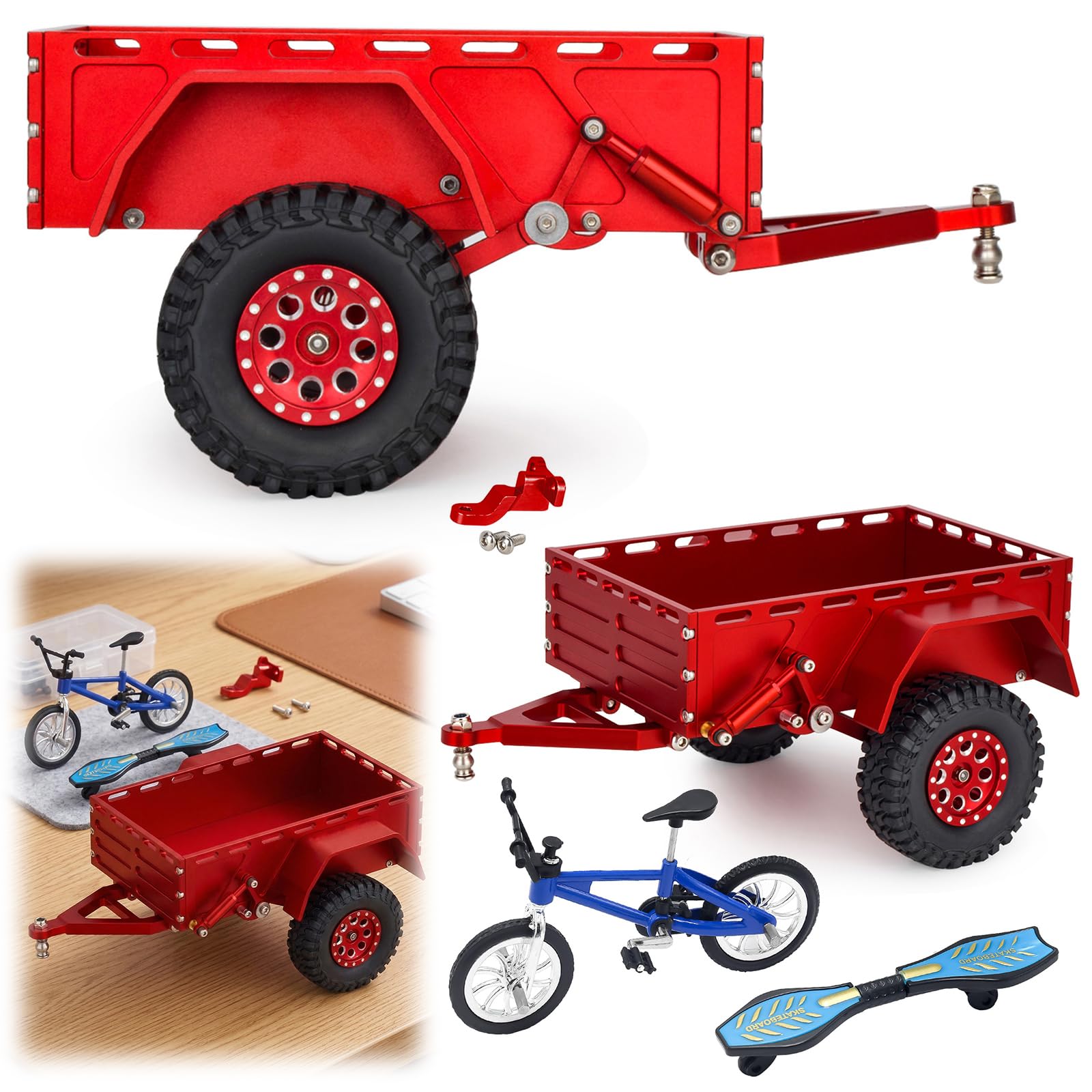 Obrabiana metalowa przyczepa RC z realistycznymi akcesoriami rowerowymi i deskorolkowymi 1/18, 1/24