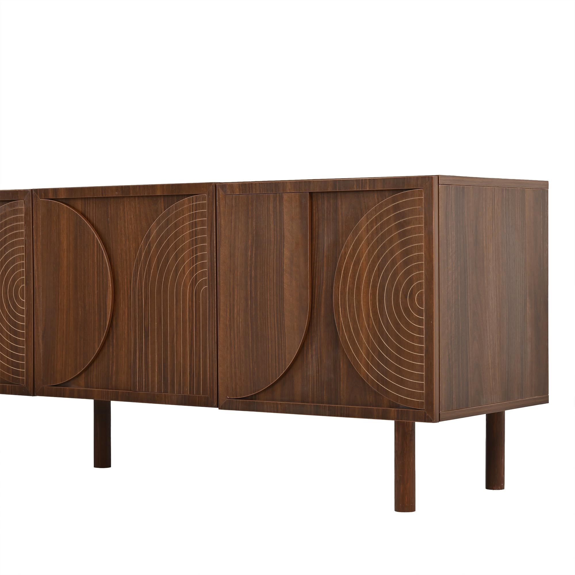 SUKY Mobile TV da 180 cm, mobile basso per TV da 75 pollici, 4 ante, 2 scomparti, moderno, con ampio spazio portaoggetti, design in rilievo 3D, colore legno di noce, 180 x 38 x 56,5 cm