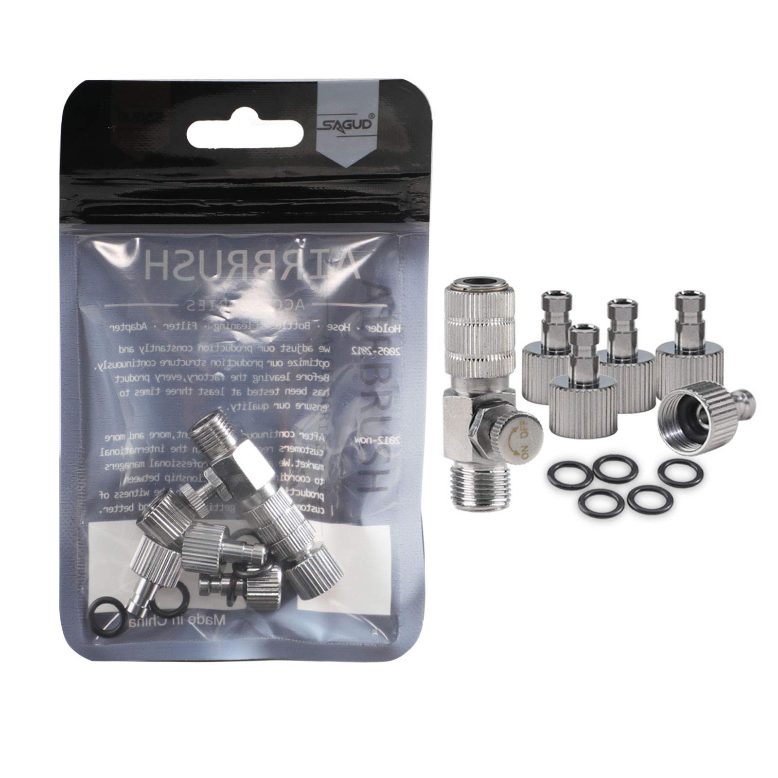 Adattatore per aerografo), connettore a sgancio rapido per aerografo con 4 prese extra e 5 O-ring extra da 1/8" maschio, connettori femmina da 1/8" (regolabile)