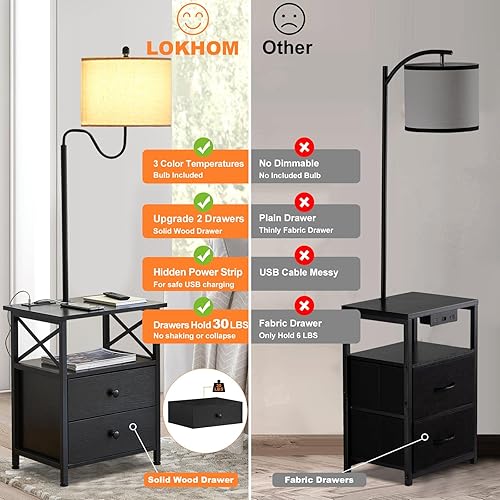 Miniatura 7 de LOKHOM Mesa auxiliar de 59 pulgadas con lámpara, lámpara de pie con mesa adjunta con 2 cajones de madera maciza y puertos USB, 2 tomacorrientes,