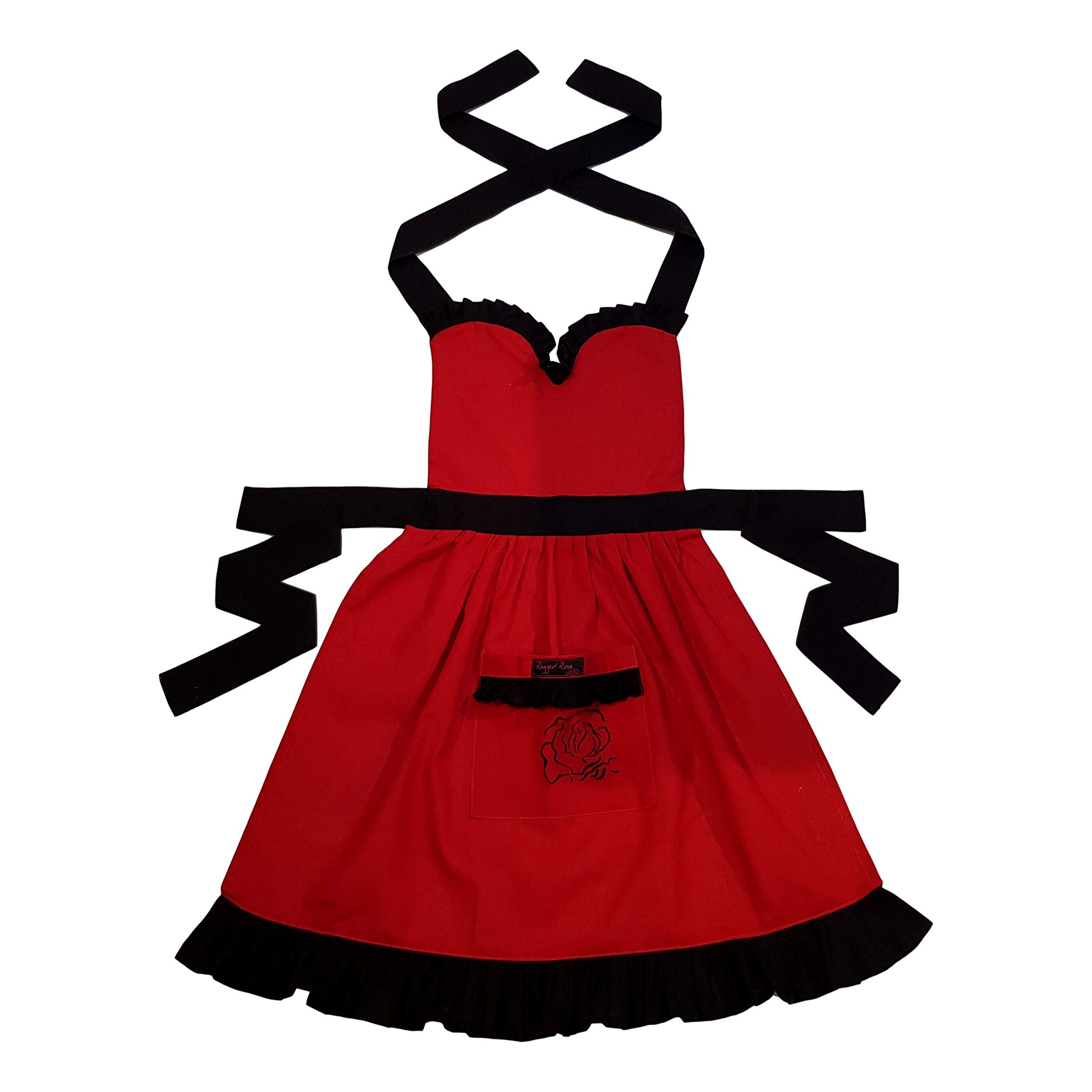 Ragged Rose Frilly Apron, cotton, Red with Black, one Size 10-16