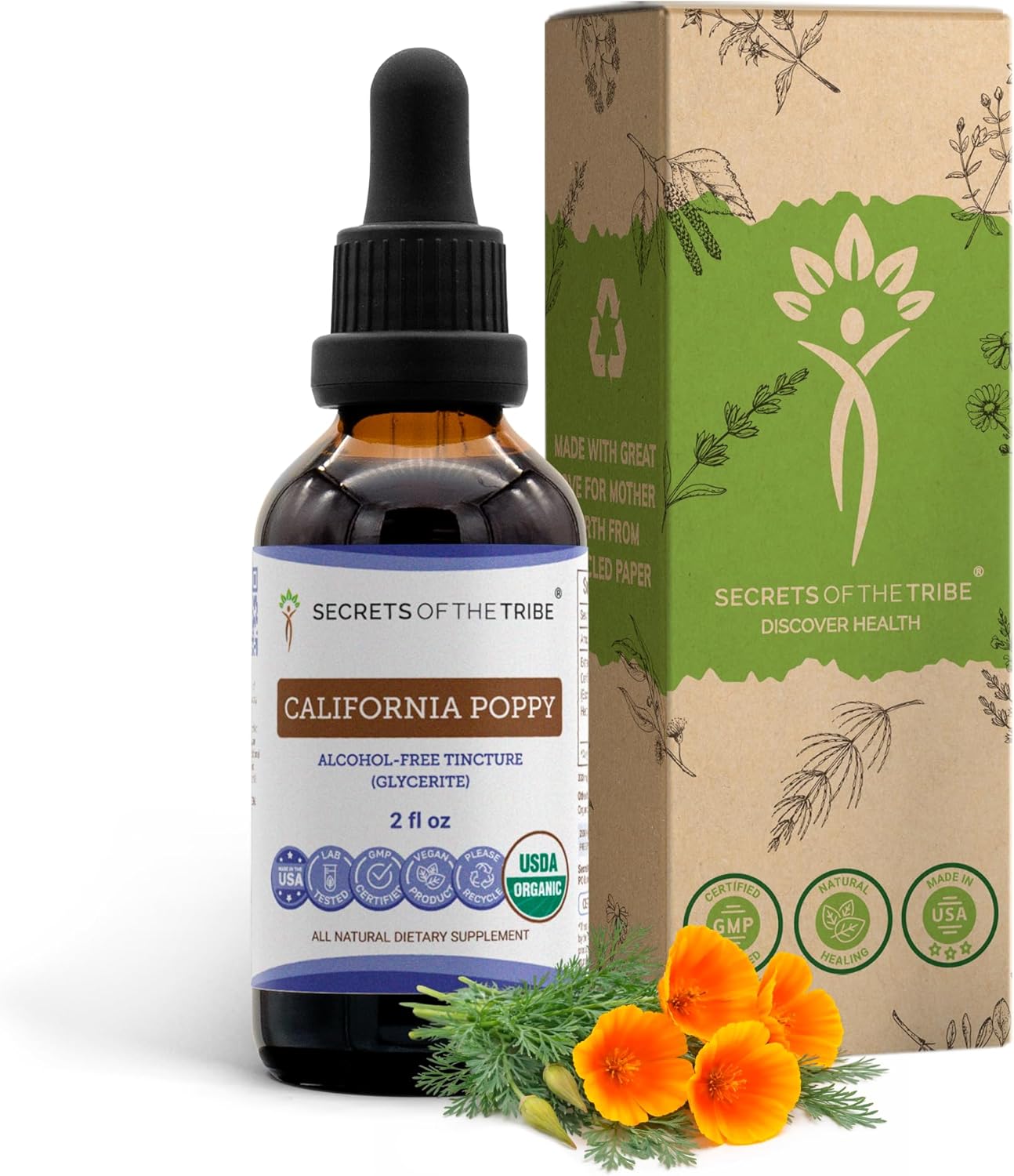 Secrets of the Tribe California Poppy Tincture Alcohol-Free Liquid Extract, USDA Organic California Poppy (Eschscholzia Californica) Dried Root (2 FL OZ)