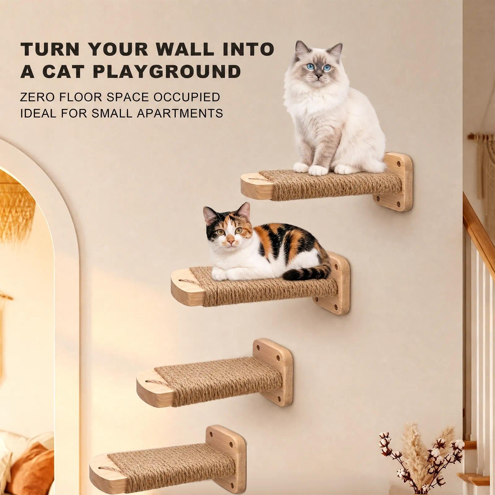 4pcs Katzentreppe Wand, Kletterwand Katzen aus Holz,Wandliege Kletterwand Katzen mit Juteseil zum Kratzen, für Katze Klettern Spielen Massives Gummiholz