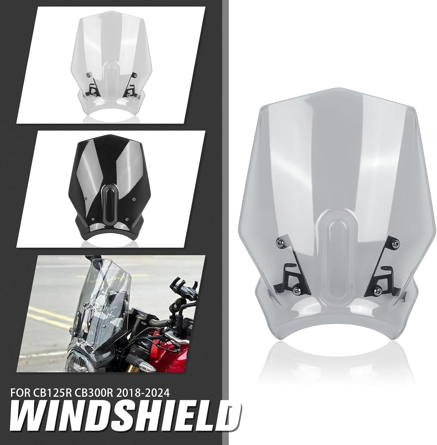 Motorcycle Windscreen Windshield Replacement for Honda CB125R CB300R CB 300R 2018-2024 PC Windscreen Double Bubble (Black)