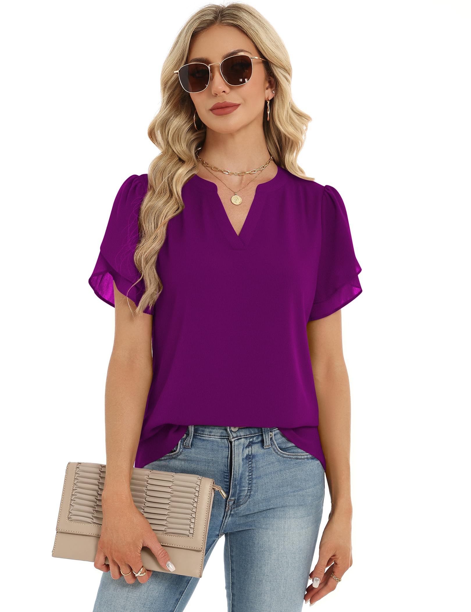 Zeagoo Blusa elegante de verano para mujer, de manga corta, de gasa, cuello en V, túnica, de malla, de doble capa