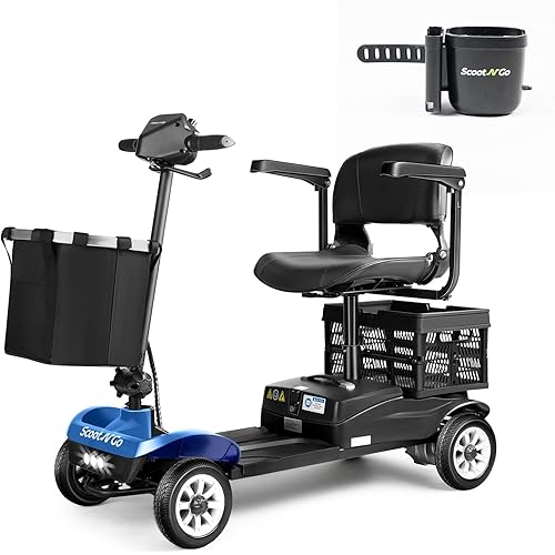 Scootngo Mobility Scooters for Adults & Seniors Foldable Powered Wheelchair Device with Dual Detachable Baskets 4 Wheels Mobility Scooter with Long Travel Range (Blue, with 2-in-1 Holder)