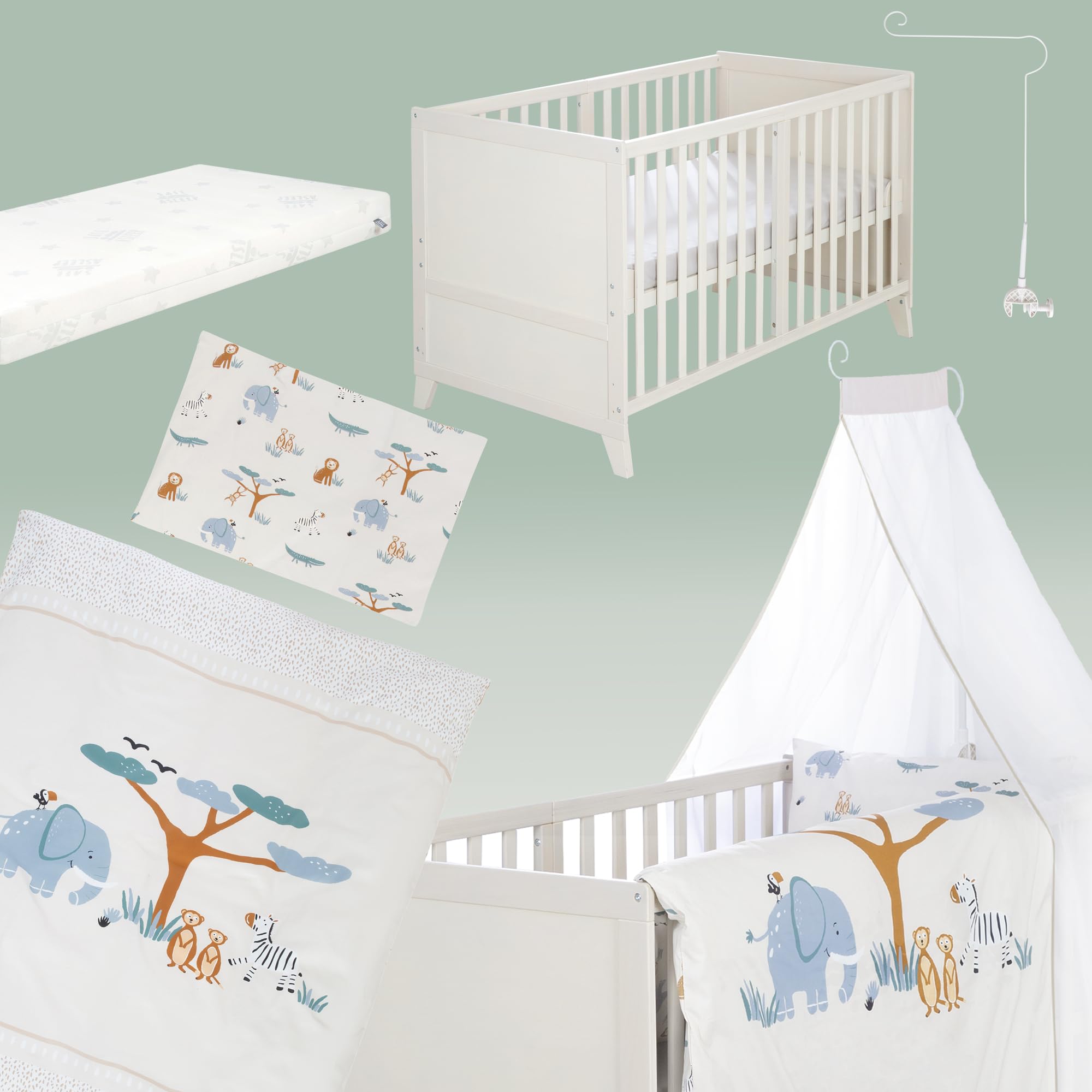 roba Conjunto Completo de Cuna Savanna Friends - Cuna para bebé 70 x 140 cm de Madera Incl. colchón Ropa de Cama Dosel y Barra de Dosel - Evolutiva Desde 6 Meses - Gris Natural