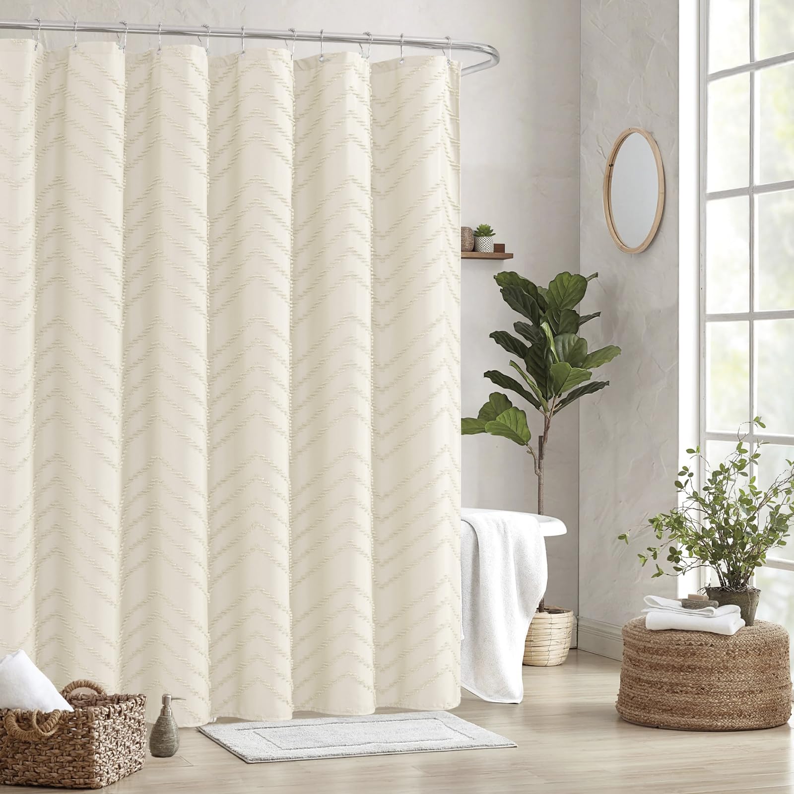 Rideau de douche de style bohème rustique en tissu touffeté à chevrons texturés, rideau minimalistes pour salle de bain, 1,83 x 2,4 m, crème