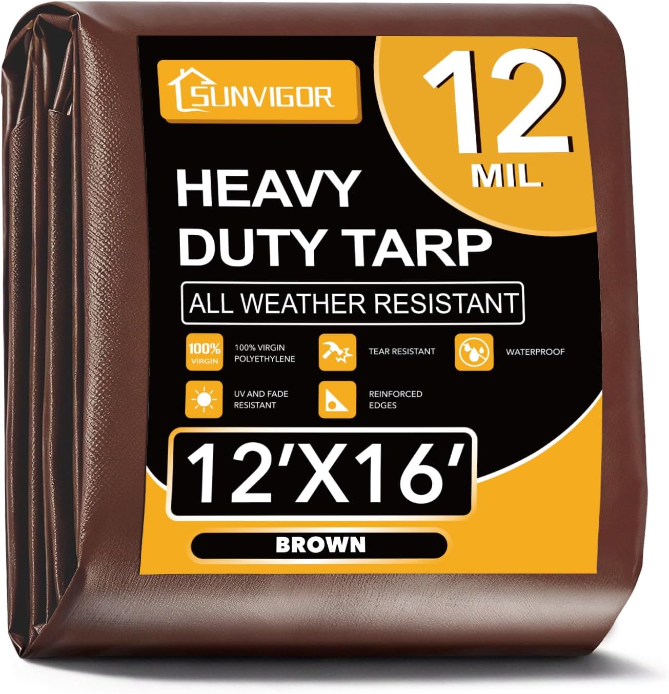 Sunvigor Tarp Waterproof 12x16Ft, Extra Thick 12 Mil Heavy Duty Tarp Cover, Tear & Fade Resistant, Outdoor Tarps with Brass Grommets and Reinforced Edges for Roof, Camping, Patio, Boat (Brown)