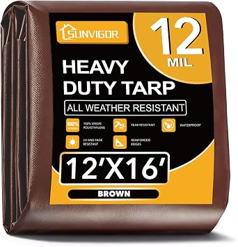 Sunvigor Tarp Waterproof 12x16Ft, Extra Thick 12 Mil Heavy Duty Tarp Cover, Tear & Fade Resistant, Outdoor Tarps with Brass Grommets and Reinforced Edges for Roof, Camping, Patio, Boat Brown