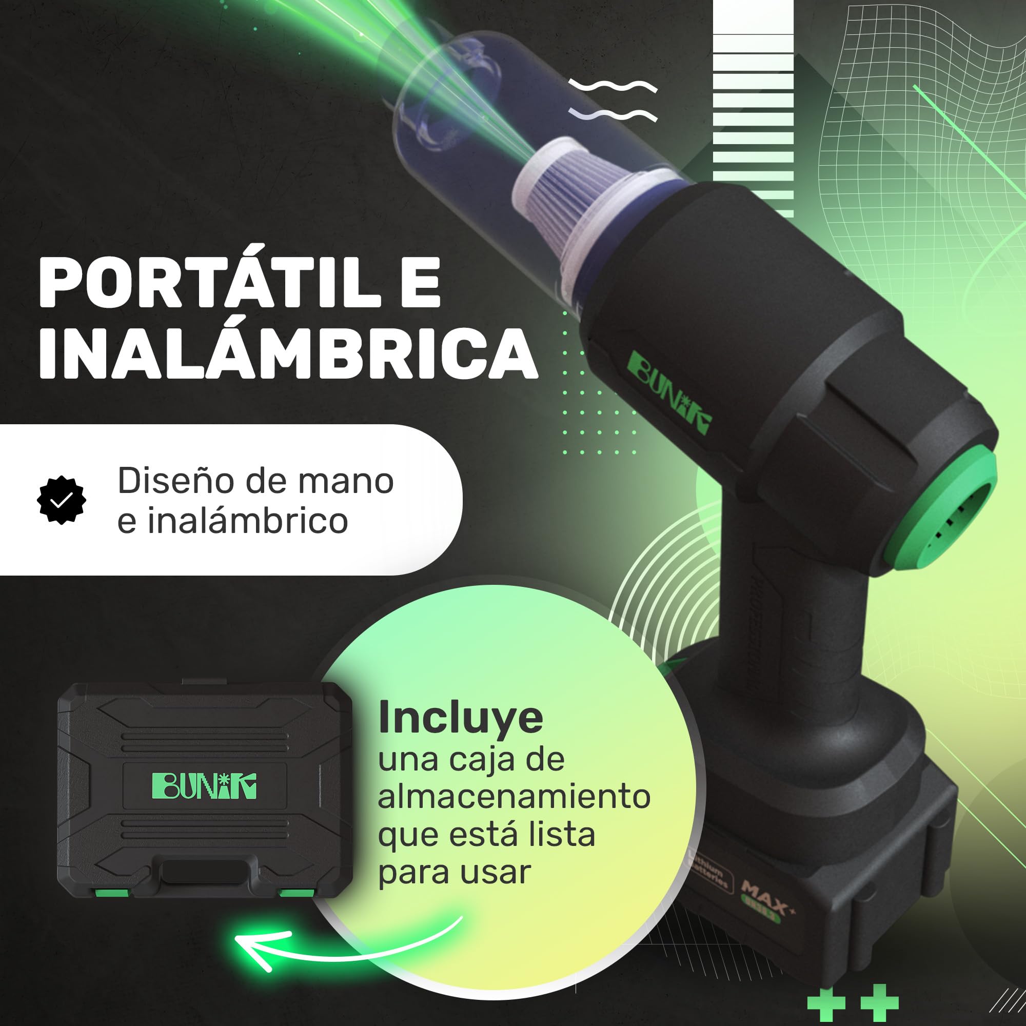 BUNIK aspiradora de Mano para Coche | Aspirador sin Cable con 21000Pa y soplador Aire Potente, Ideal para Coche, hogar y Mascota | Ligero, Potente, hasta 37 Minutos