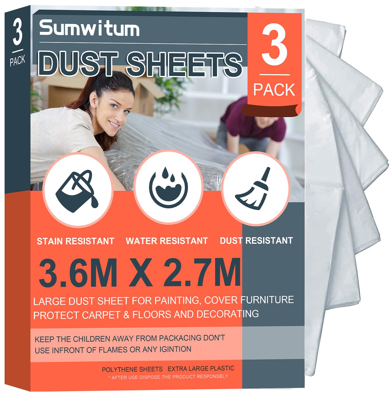 Extra Large Plastic Dust Sheets for Decorating 3.6 x 2.7m (12 x 9ft), Dust Sheet for Painting & Furniture, 15 Micron Plastic Sheet-Plastic Sheeting-Dust Sheets for Painting-Polythene Sheeting (3 PACK)