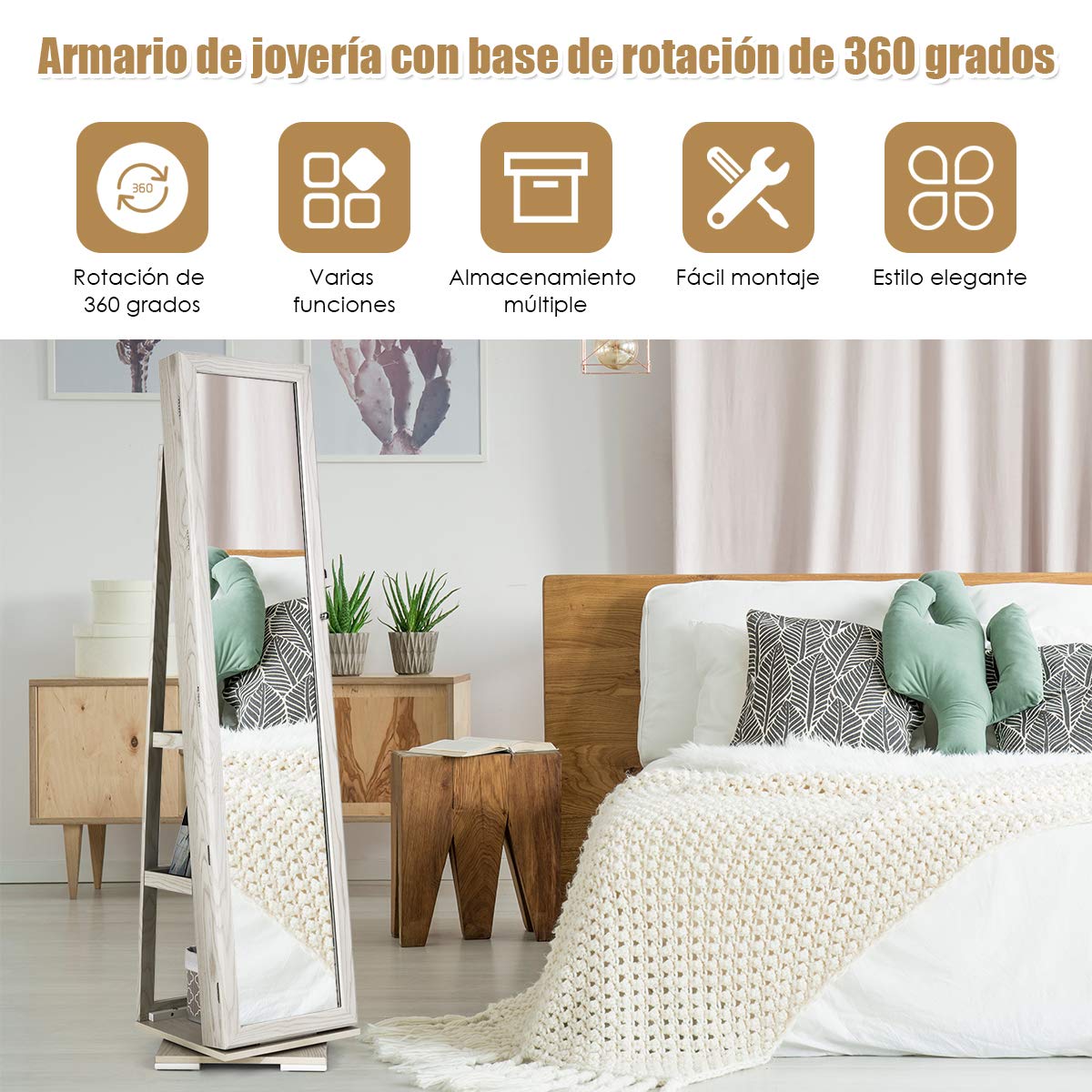 COSTWAY Armario Joyero con Espejo y Estante Escalera Giratorio Cerradura Organizador (blanco)