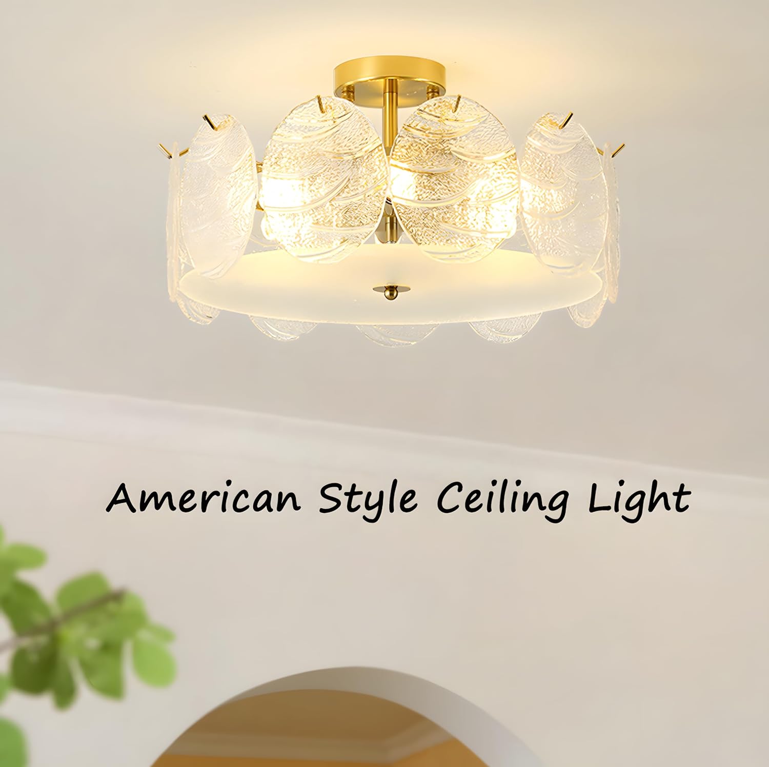 Bofea-8-Lights Semi Flush Mount Ceiling Light Fixture,Brass Gold Glass Crystal Drum Light Close to Ceiling Light,Large Modern Farmhouse Glass Ceiling Light Fixtures for Bedroom,Entryway,Hallway.