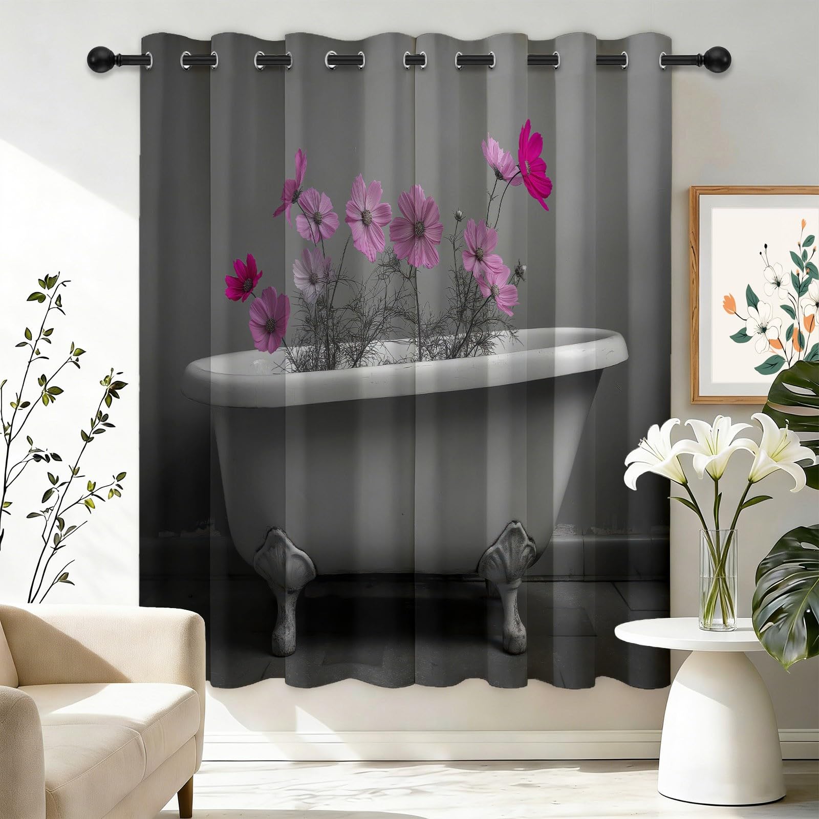 Vintage Bathtub & Floral Motif 100% Blackout Drapes W 66" x L 90" (2 Panels), Noise Reducing Heavy Thermal Fabric for Girls Room, Minimalist Monochrome & Grey