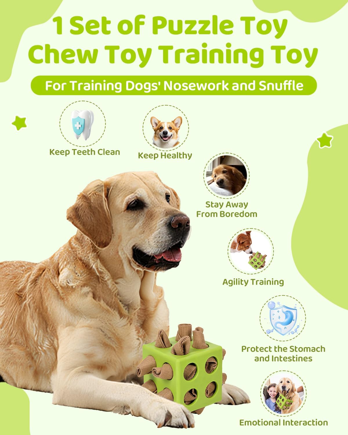 Interactive Puzzle Dog Toy Encourage Natural Foraging Skill, Durable Dog Enrichment Toy Snuffle Cube Cloth Strip with Hide & Seek Food, Slow Feeder for Mind Stimulate & Stress Relief (Green)