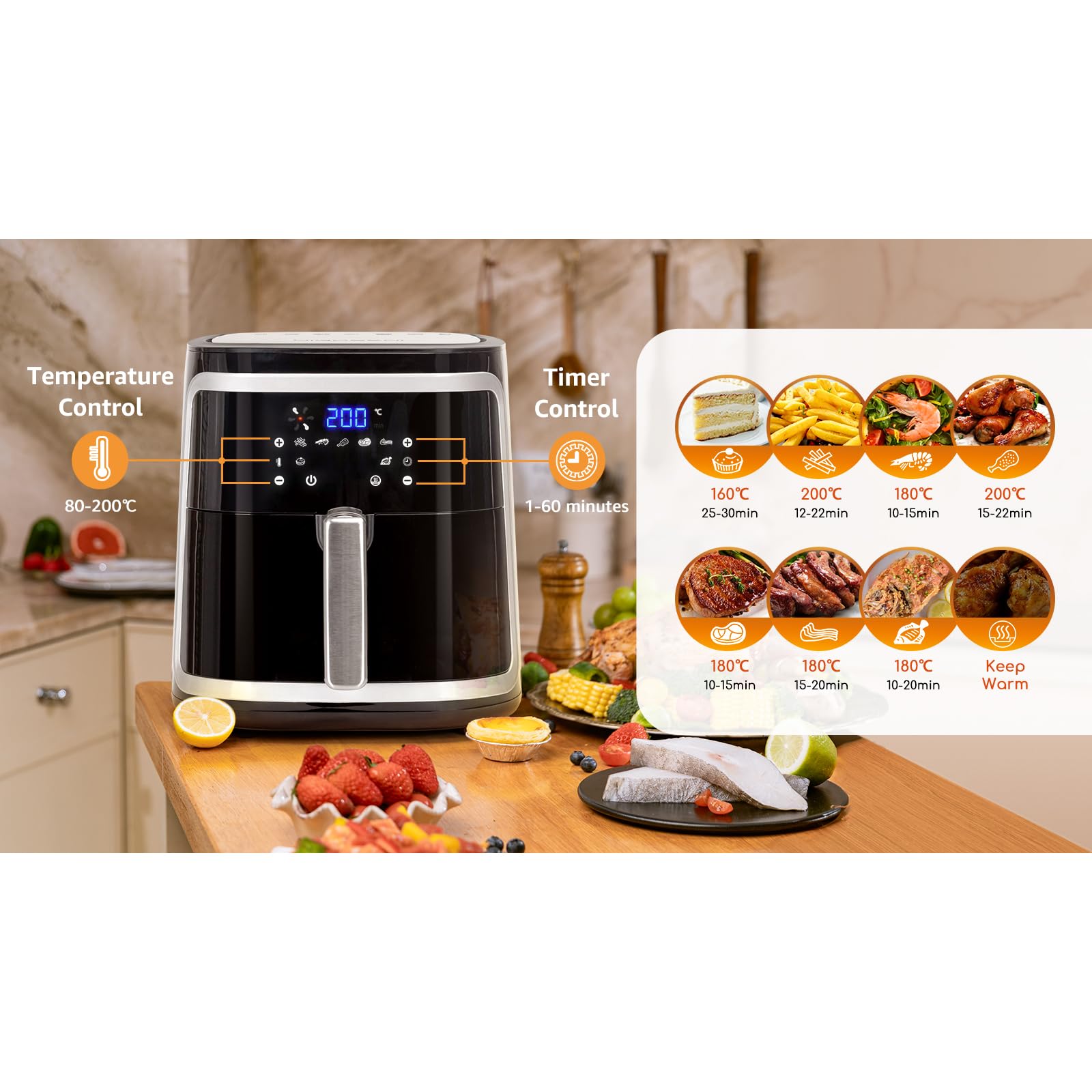 Aigostar Freidora de Aire 7L, 1900 W, Freidora sin Aceite con 7 Funciones, Pantalla Táctil LED, Doble Uso: con Cesta o Cajón. Sin BPA. Libro de Recetas Incluido, Cesta Antiadherente, Negra(IBT)