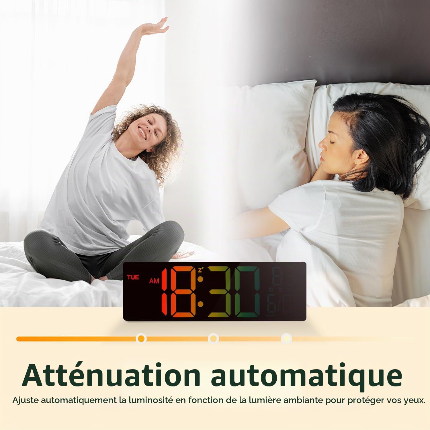 HAITANG Horloge Numérique - Horloge Calendrier Numérique Murale LED De 10,5" avec Affichage De La Température, Date Et Jour, Dimming Automatique De La Luminosité RGB, Veilleuses, pour Bureau, Chambre