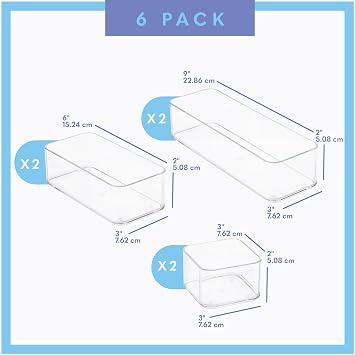 primebox Six Pieces - Clear Plastic Drawer Organizer Bins - Stackable, Non-Slip, 3 Sizes