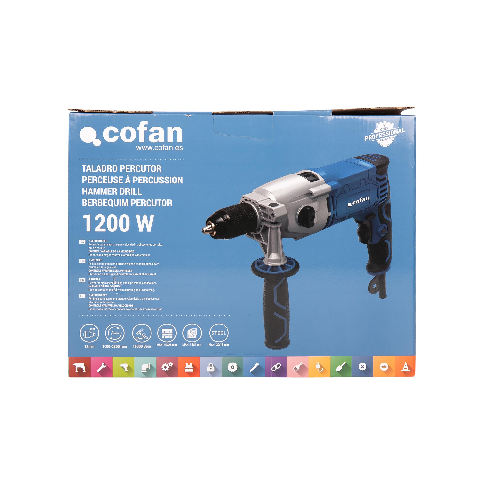 Cofan Taladro percutor con cable 1200 W con 2 velocidades, Portabrocas automático 13 mm, 44800 bpm, empuñadura lateral y barra medidora de profundidad