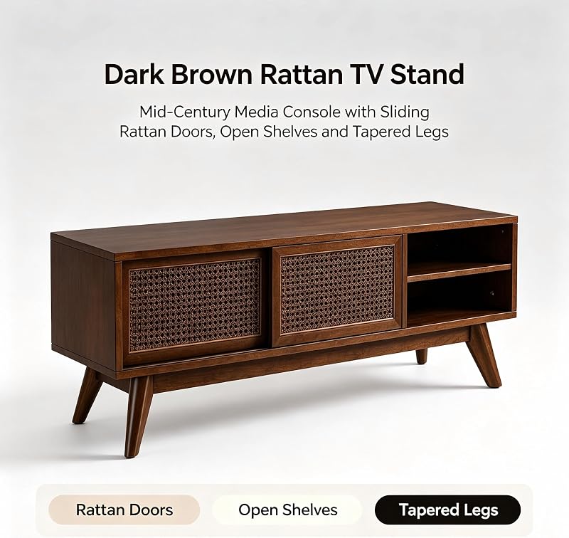 VEADONS 59" Mid Century Rattan TV Stand Dark Wood Media Console for 65 Inch TV Rattan Doors Solid Wood Feet Living Room Cabinet image 6