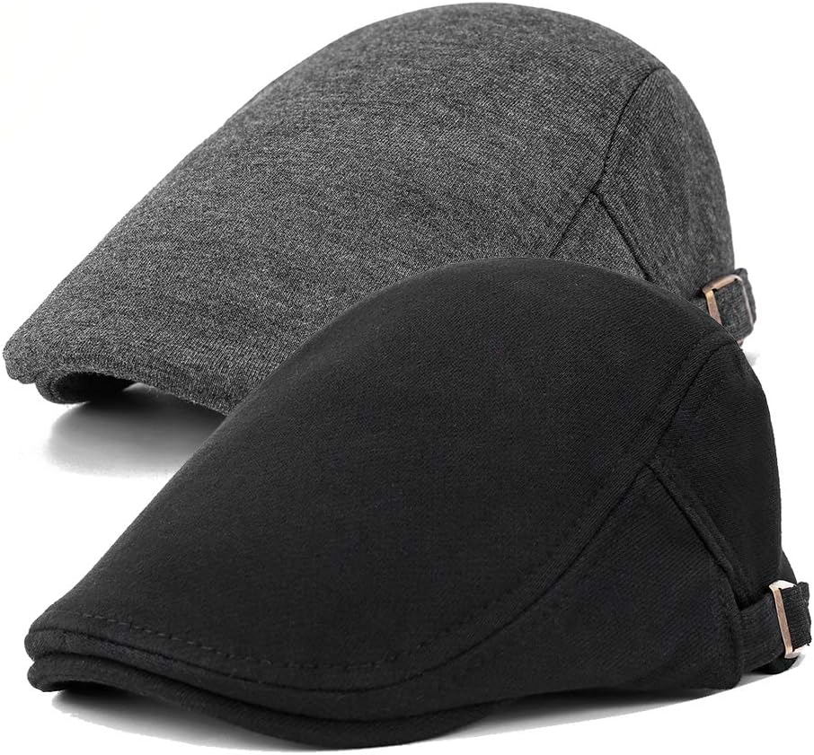 2 Pack Men's Cotton Flat Ivy Gatsby Irish Newsboy Cap Driving Hat Cabbie Cap Buckle Closure (Black and Grey)