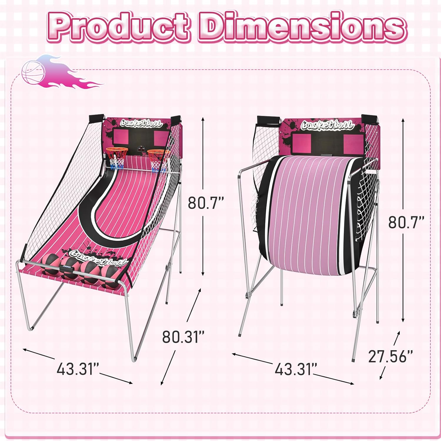 Basketball Arcade Game Indoor, Electronic Basketball Game Dual Shot with 8 Game Modes, LCD Score Display, and 4 Rubber Balls, Basketball Indoor Arcade Game for Home, Pink