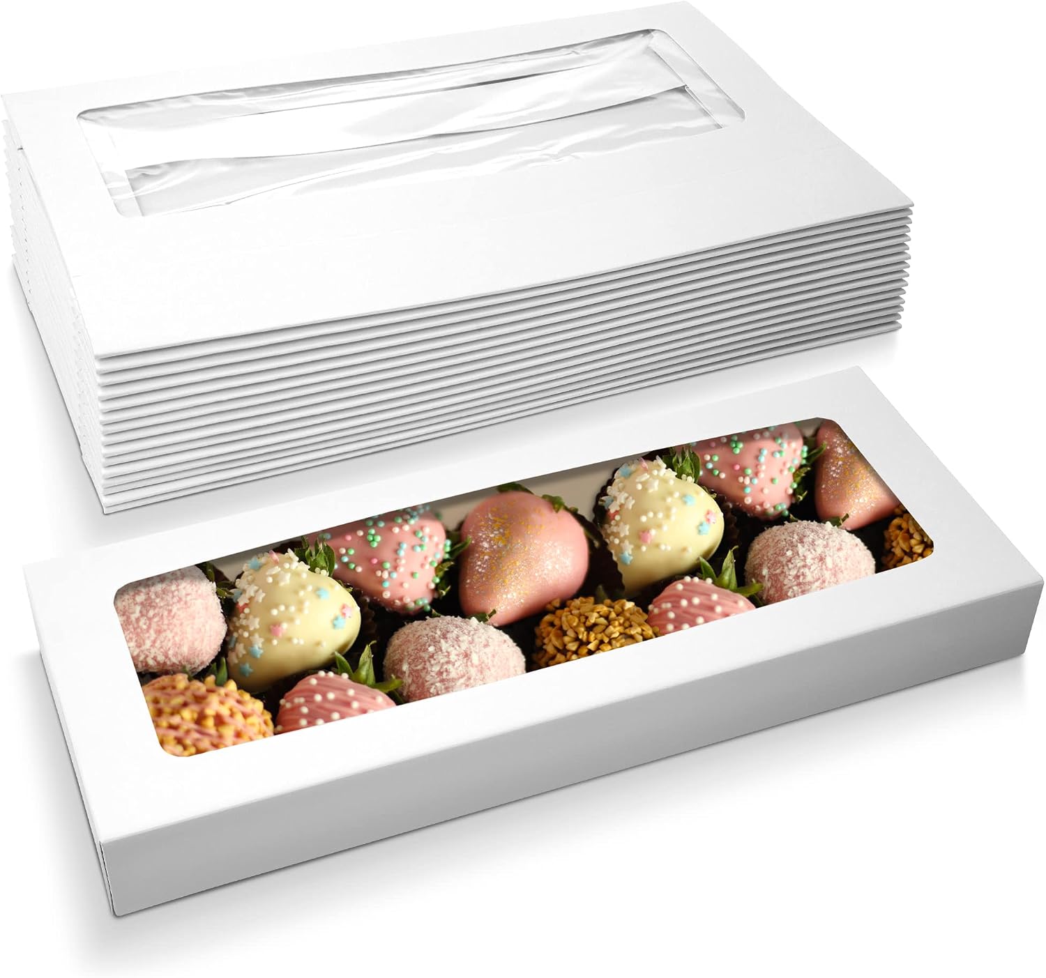 MT Products Long White Pastry Boxes with Window - Size of 16" x 6.5" x 1.75" (15 Pieces) - Bakery Boxes for Pastries, Muffins, Donuts, and Cookies - Made in the USA