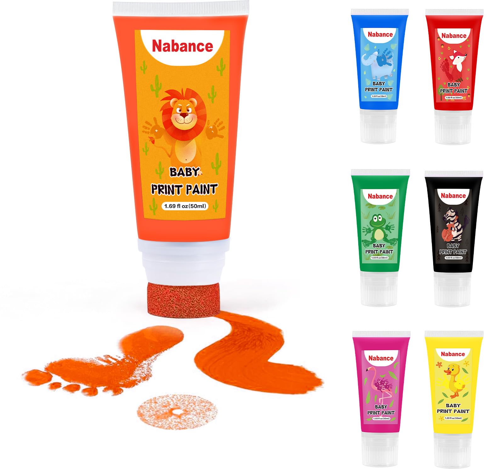 Nabance Baby Safe Paint for Handprints Non Toxic &Acid-Free, Baby Paint for Hands and Feet with Sponge Attachment for Easy Colour Application Dog Paw Print Kit Easy to Wash Off 50ml/Tube (Orange)