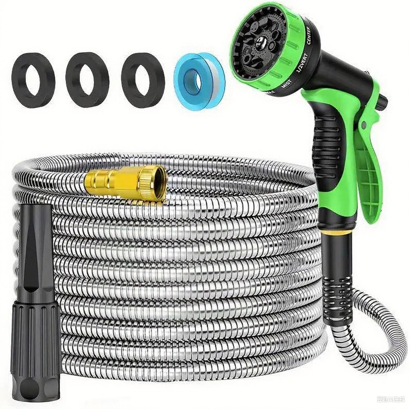 Garden water pipe, stainless steel metal pipe, with high-pressure nozzle, American standard thread, wear-resistant and puncture resistant, non winding, pet friendly design (25FT)