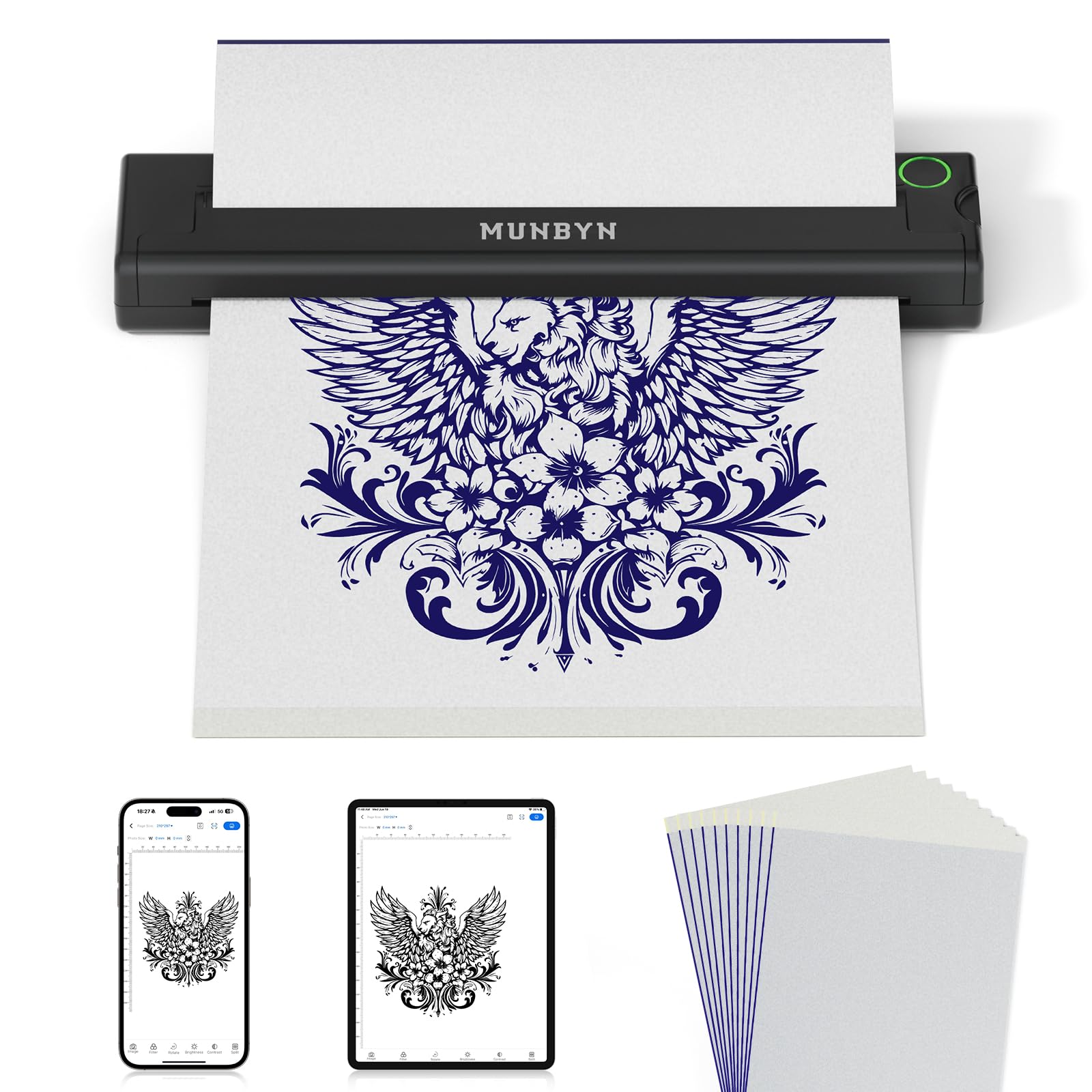 MUNBYN Termocopiadora Tattoo Bluetooth, Impresora Termica Tatuajes, Impresora Tattoo para Tatuajes DIY, Compatible con Smartphone y PC, con 10 Piezas de Papel de Transferencia de Tatuajes, ITP05