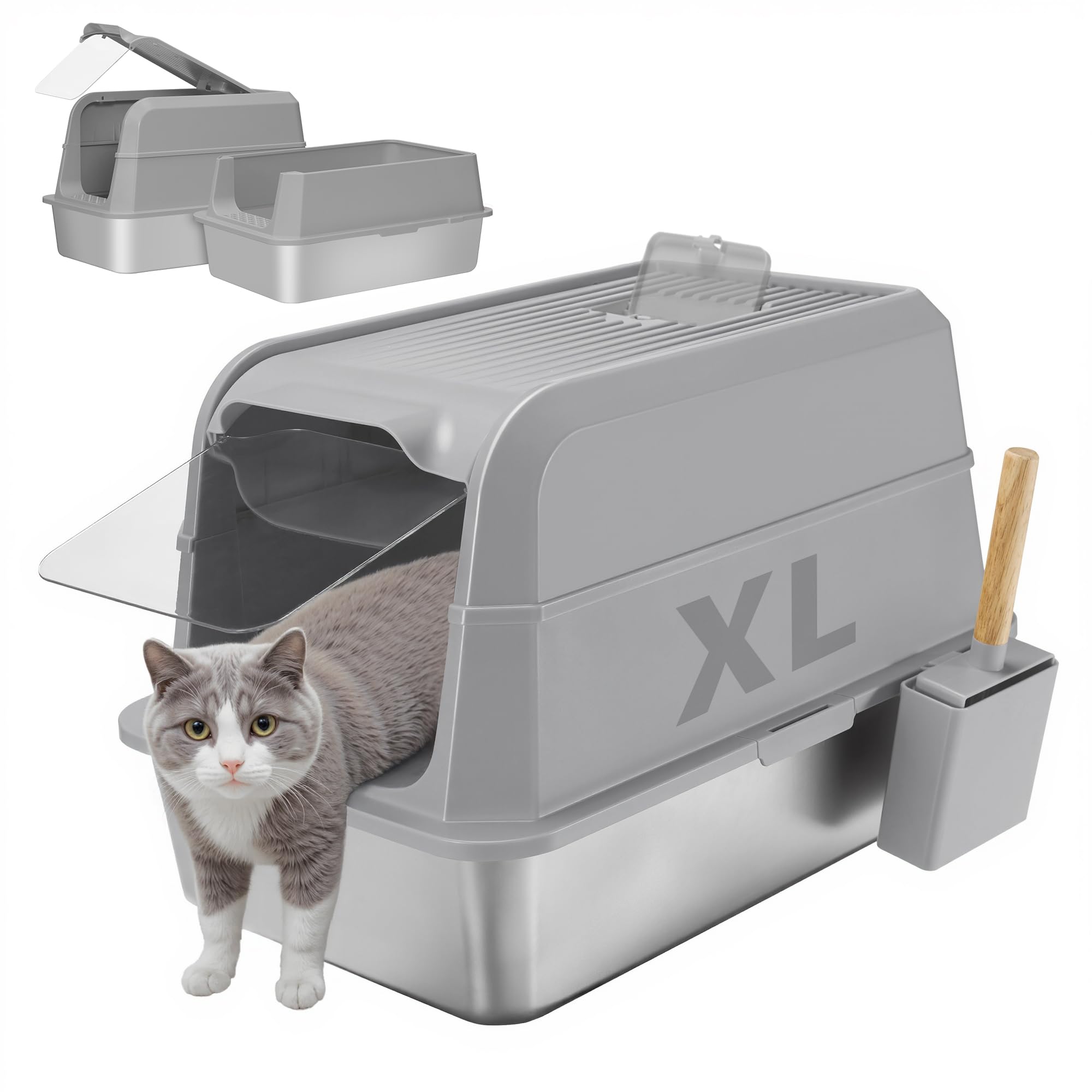 UNZIPE Stainless Steel Litter Box - XL Extra Large Cat Litter Box with Lid, Enclosed Metal Litter Pan with High Sided Enclosure & Scoop, Anti Leakage, Easy to Clean, Odor Control (Grey)