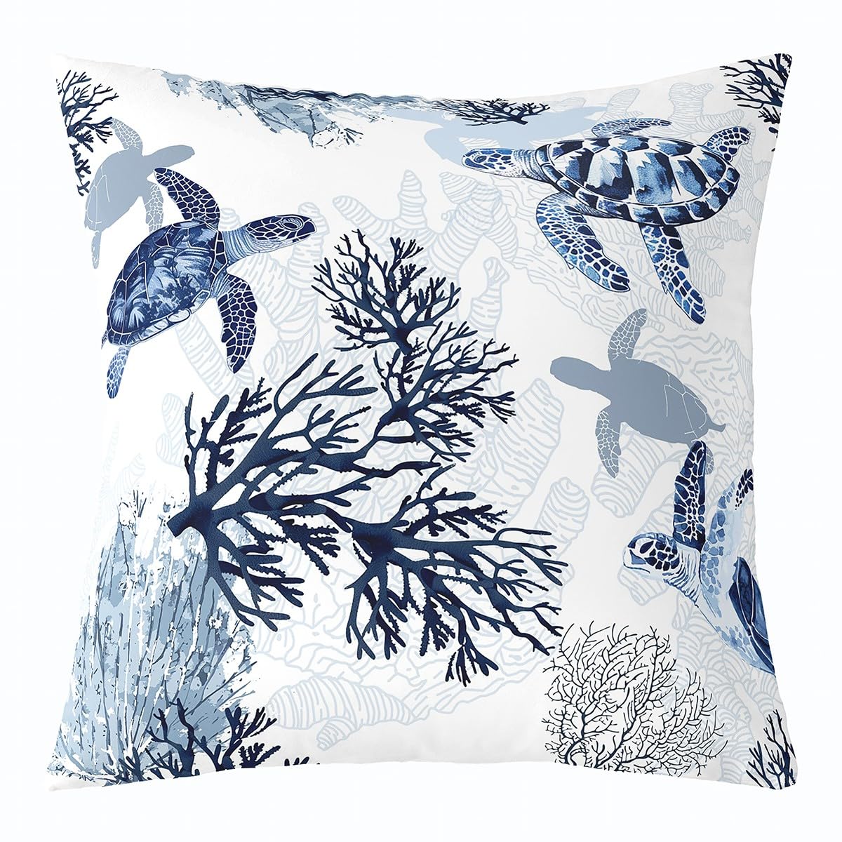 Turtle Throw Pillow Cover, White Blue Hawaiian Turtle Pillow Cover for Bedroom Living Room, Retro Reptile Sea Turtle Decorative Pillow Cover, Coastal