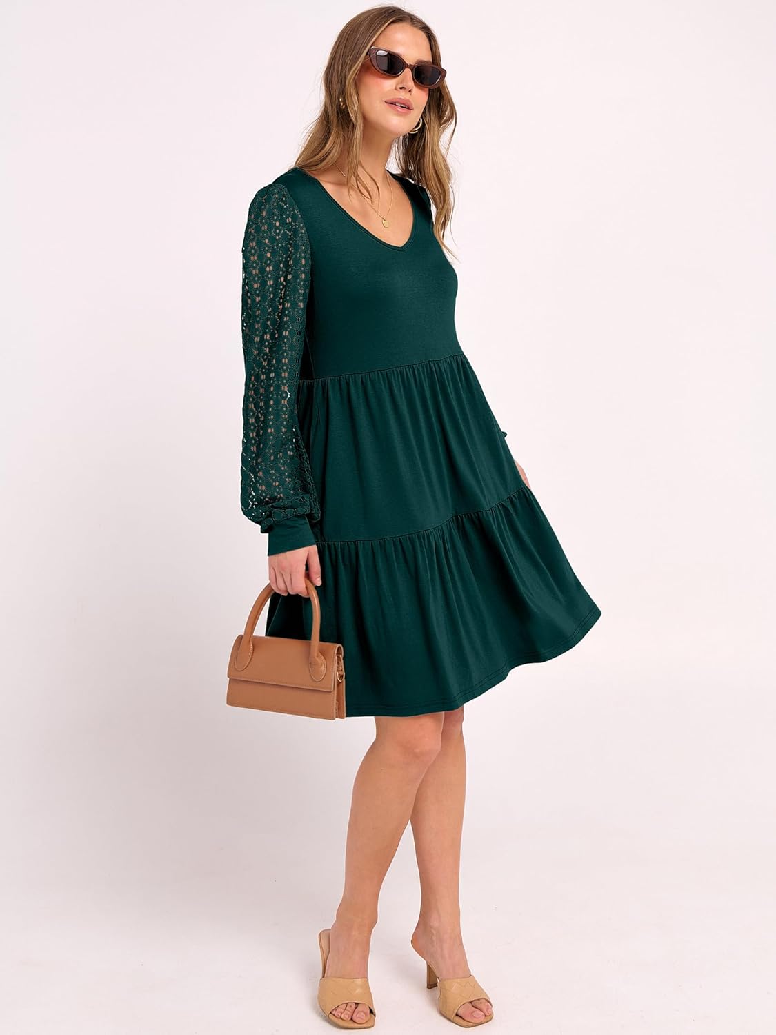 ANRABESS Dresses for Women Casual Lace Long Sleeve V Neck Tiered Swing Flowy Loose A-line Mini Short 2025 Fall Vacation Dress - Image 2