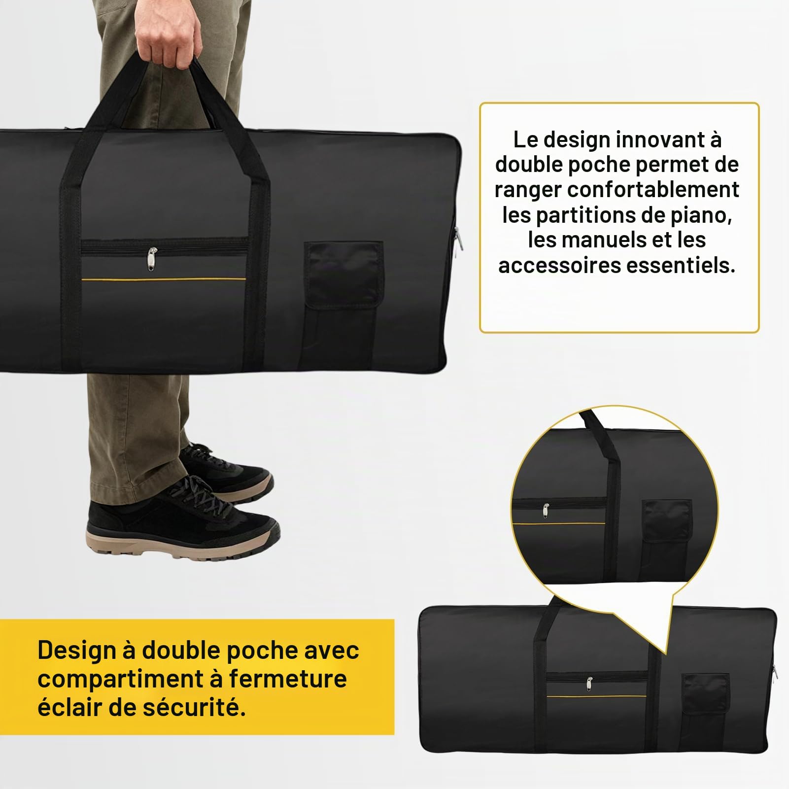 ReachMall Étui pour clavier électronique 61 touches, tissu Oxford 420D, sac professionnel double poche, sac d'orgue électronique portable, étui rembourré portable