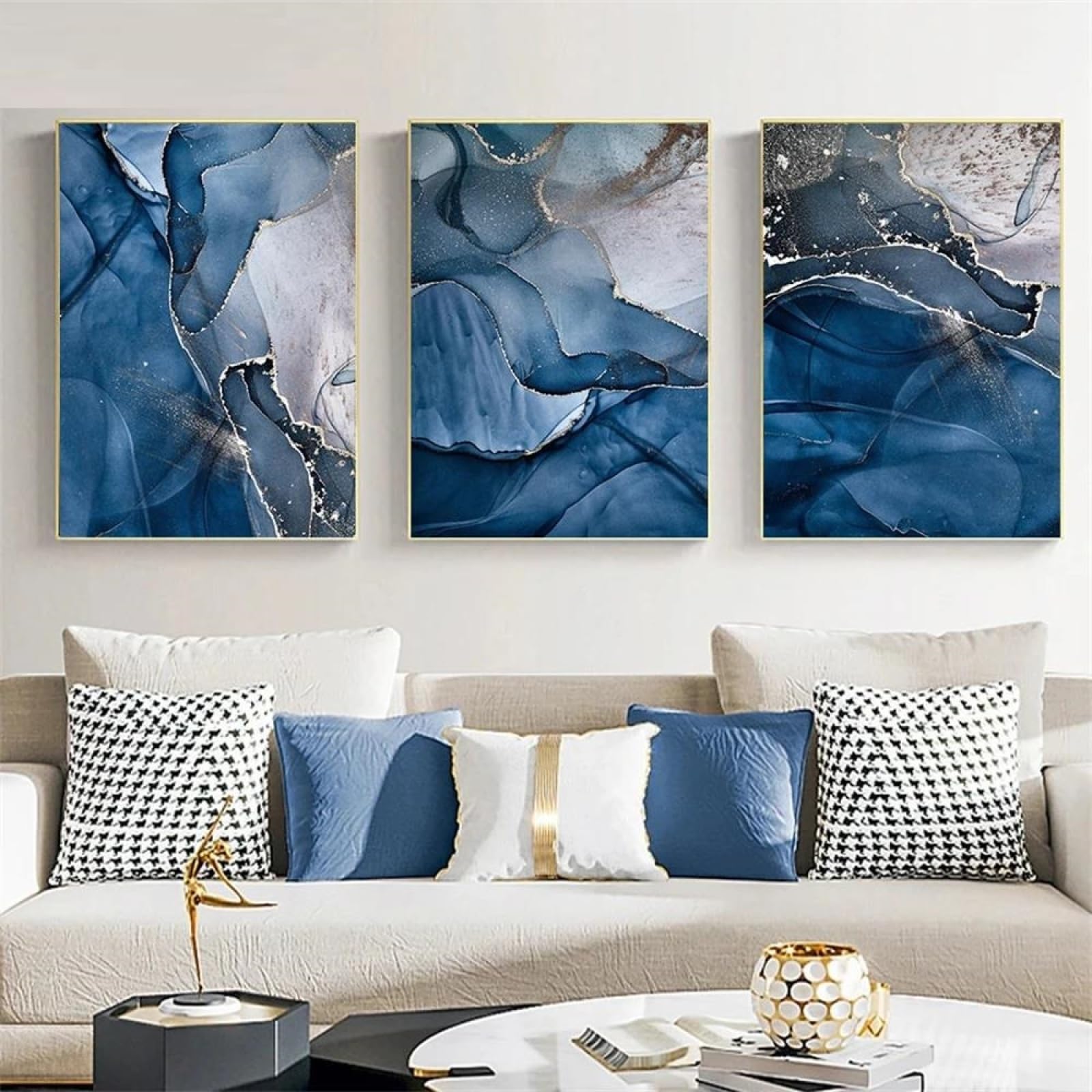 Baibexing Gold Foil Canvas Painting Blue Marble Wall Art Poster Abstract Print Nordic Wall Pictures Living Room Interior Decoration 21X30Cmx3Pcs Unframed